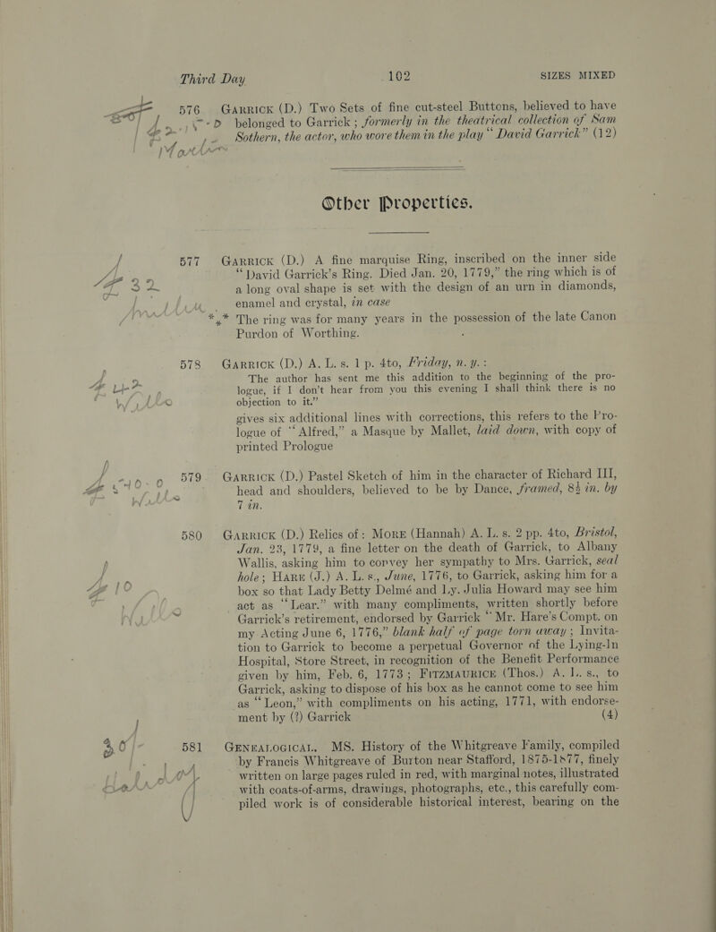 eat te ie ff a’ ; i, “f Rs 577 eres : 578 1 L-4 i) Z % 10-0 ole 580 p } 4 0 581 A ae AA /| SIZES MIXED Garrick (D.) Two Sets of fine cut-steel Buttons, believed to have ~D belonged to Garrick ; formerly in the theatrical collection of Sam Sothern, the actor, who wore them in the play “ David Garrick” (12)   Other Properties. Garrick (D.) A fine marquise Ring, inscribed on the inner side “David Garrick’s Ring. Died Jan. 20, 1779,” the ring which is of a long oval shape is set with the desien of an urn in diamonds, enamel and crystal, 2m case Purdon of Worthing. Garrick (D.) A. L.s. 1 p. 4to, Mriday, n. y. : The author has sent me this addition to the beginning of the pro- logue, if I don’t hear from you this evening I shall think there is no objection to it.” gives S1x additional lines with corrections, this refers to the Pro- logue of “‘ Alfred,” a Masque by Mallet, laid down, with copy of printed Prologue Garrick (D.) Pastel Sketch of him in the character of Richard III, head and shoulders, believed to be by Dance, framed, 84 in. by 7 an. Garrick (D.) Relics of: Morr (Hannah) A. L. s. 2 pp. 4to, Brestol, Jan. 23, 1779, a fine letter on the death of Garrick, to Albany Wallis, asking him to corvey her sympathy to Mrs. Garrick, seal hole; Haru (J.) A. L. s., June, 1776, to Garrick, asking him for a box so that Lady Betty Deas and Ly. Julia Howard may see him act as ° Lear.” with many compliments, written shortly before Garrick’s ae ee by Garrick “Mr. Hare’s Compt. on my Acting June 6 76,” blank half of page torn away ; Invita- tion to Garrick to Sea a perpetual Governor of the Lying-In Hospital, Store Street, in recognition of the Benefit Performance given by him, Feb. 6, 1773; Fitzmaurice (Thos.) A. I. s., to oe asking to dispose of his box as he cannot come to see him eat ” with compliments on his acting, 1771, with endorse- ae by (2 ) Garrick (4) GENEALOGICAL. MS. History of the Whitgreave Family, compiled by Francis Whitgreave of Burton near Stafford, 1875-1577, finely ~ written on large pages ruled in red, with marginal notes, thustrated with coats-of-arms, drawings, photographs, etc., this carefully com- piled work is of considerable historical interest, bearing on the