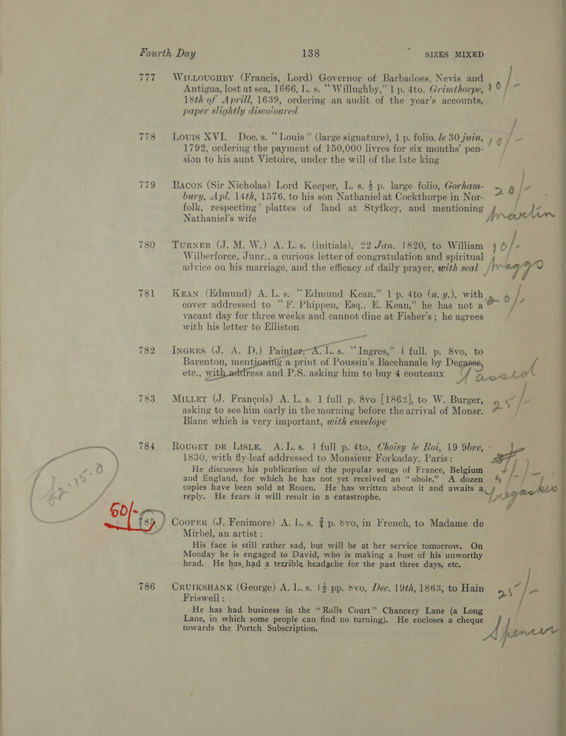 777 WrirLovugHpy (Francis, Lord) Governor of Barbadoes, Nevis and } Antigua, lost at sea, 1666, LL. s. ““ Willughby,” 1 p. 4to, Grimthorpe, ' F hah 1&amp;th of Aprill, 1639, ordering an audit of the year’s accounts, paper slightly disco‘oured 778 Louis XVI. Doe.s. “Louis” (large signature), 1 p. folio, Ze 30 juin, 16 1792, ordering the payment of 150,000 livres for six months’ pen- sion to his aunt Victoire, under the will of the late king | 779 Bacon (Sir Nicholas) Lord Keeper, L. s. $ p. large folio, Gorham- &gt;o/- bury, Apl. 14th, 1576, to his son Nathaniel at Cockthorpe in Nor- folk, respecting” plattes of land at Styfkey, and mentioning f, Nathaniel’s wife FL hd : : a 780 Turner (J. M. W.) A. L.s. (initials), 22 Jan. 1820, to William on Wilberforce, Junr., a curious letter of congratulation and spiritual , / advice on his marriage, and the efficacy of daily prayer, with seal /(% ber fo 781 Kean (Edmund) A.L.s. “Edmund Kean,” 1 p. 4to (n. y.), with. 6 / cover addressed to “I. Phippen, Esq., E. Kean,” he has not a a J 6, vacant day for three weeks and cannot dine at Fisher’s; he agrees | with his letter to Elliston —P Inarus (J. A. D.) PainterA. I. s. “Ingres,” | full. p. 8vo, to Barenton, mentioning a print of Poussin’s Bacchanale by Deg: { ete., with address and P.S. asking him to buy 4 couteaux Y Qvo-2 ta ~I (© 2) bo 783 Miter (J. Francois) A. L.s. 1 full p. 8vo [1862], to W. Burger, 2 f fe asking to see him early in the morning before the arrival of Monsr. @ /- Blanc which is very important, with envelope \ 1830, with fly-leaf addressed to Monsieur Forkaday, Paris: He discusses his publication of the popular songs of France, Belgium + copies have been sold at Rouen. He has written about it and awaits a f reply. He fears it will result in a catastrophe. yy Mirbel, an artist: His face is still rather sad, but will be at her service tomorrow. On Monday he is engaged to David, who is making a bust of his unworthy head. He has, had a terrible headache for the past three days, etc. 786 CRUIKSHANK (George) A. 1. s. 14 pp. Svo, Dec. 19th, 1863, to Hain 1c = Friswell : . &gt; He has had business in the “Rolls Court” Chancery Lane (a Long Lane, in which some people can find no turning). He encloses a cheque : towards the Portch Subscription. \ A ee ee ee a oe Oe ee eS ee ae ee 