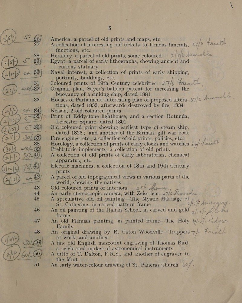   5 America, a parcel of old prints and maps, etc. At functions, etc. : Egypt, a parcel of early lithographs, showing ancient at curious statuary Naval interest, a collection of prints of early shipping, _ portraits, buildings, etc. oy e Coloured prints of 19th Century celebrities 27/ b Train | Original plan, Sayer’s balloon patent for increasing the buoyancy of a sinking ship, dated 1881 ht a Houses of Parliament, interesting plan of proposed altera- 37) + tions, dated 1833, afterwards destroyed by fire, 1834 Nelson, 2 old coloured prints Print of Eddystone lighthouse, and a section Rotunda, _ Leicester Square, dated 1801 Old coloured print showing earliest type of steam ship, dated 1826; and another of the Birman, gilt war boat Fire engines, etc., a collection of old prints, policies, etc. me Prehistoric implements, a collection of old prints A collection of old prints of early laboratories, chemical apparatus, etc. Electric machines, a collection of 18th and 19th Century prints A parcel of old topographical views in various parts of the world, showing the natives by jiiite Old coloured prints of interiors 35/ Awmer,, pe An early stereoscopic camera, with Zeiss Lone 2146 Aeawcodtrn A speculative old oil painting—The Mystic Marriage of Pf St. Catherine, in carved pattern frame pid dhe drama An oil painting of the Italian School, in carved and volal BU rd ae A bi S/~ 4 frame Family An original drawing by R. Caton Woodville—Trappers 7/ jo at work, and another A fine old English mezzotint engraving of Thomas Bird, a celebrated maker of astronomical instruments A ditto of T. Dalton, F.R.S., and another of engraver to the Mint ) An early water-colour drawing of St. Pancras Church 2° .