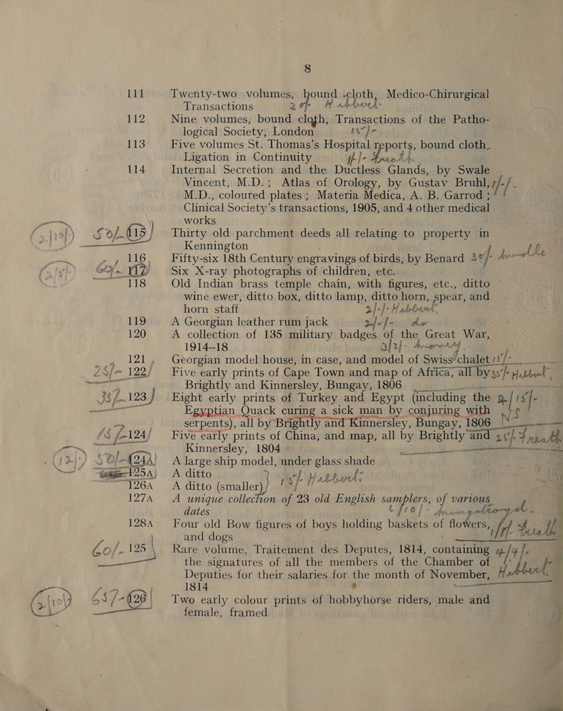 Twenty-two volumes, bee pepe, Medico-Chirurgical Transactions 27 Hallux Nine volumes, bound cloth, Transactions of the Patho- logical Society, London Five volumes St. Thomas’s Hospital r Ligation in Continuity ip le Internal Secretion and the Dactiaes ape by Swale Vincent, M.D.; Atlas of Orology, by Gustav Bruhl, tf i M.D., coloured plates ; Materia Medica, A. B. Garrod ; Clinical Society’s transactions, 1905, and 4 other medical works Thirty old parchment deeds all relating to property in Kennington (0 Fifty-six 18th Century engravings of birds, by Benard 3° }: Mort Six X-ray photographs of children, etc. Old Indian brass temple chain, with figures, etc., ditto — wine ewer, ditto box, ditto lamp, ditto horn, aii and By We. ‘sing bound cloth, horn staff 2] +]- Hadeber A Georgian leather rum jack zp: - he A collection of 135 military badges of the Great War, 1914-18 3/3/- 4 ne Georgian model house, in case, and model of Swiss‘chalet/5 y ate Five early prints of Cape Town and map of Africa, all by a://- Habel Brightly and Kinnersley, Bungay, 1806 Egyptian Quack cums a sick man by conjuring with serpents), all by Brightly an ‘innersley, Bungay, 1806 Five early prints of China, and map, all by SO ata Flatt Kinnersley, 1804 Tete ee a A large ship ee under glass shade A ditto SRT by a A ditto (smaller) s/f ‘borage . A unique S piilecPon of 93 old English sam ef 0 varias dates ~ Arve Y se Four old Bow figures of boys holding aes of flowers, et and dogs see ft teed ih Rare volume, Traitement des Deputes, 1814, conta +/+ | ' the signatures of all the members of the Chamber Pt a) te Deputies for their salaries for the month of November, 1814 * aie female, framed j , ~~