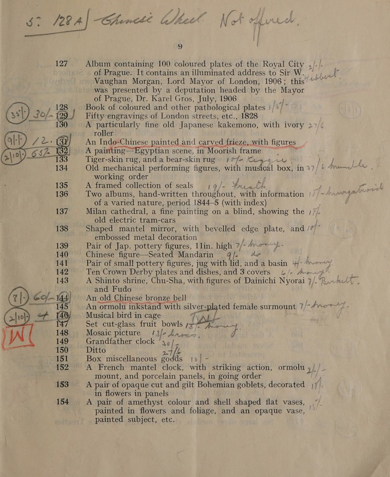 Fe cer} bs 127 Album containing 100 coloured plates of the Royal City ,/.). of Prague. It contains an illuminated address to Sir W. ‘,,; ../° Vaughan Morgan, Lord Mayor of London, 1906; this “” ~~ was presented by a deputation headed by the Mayor of Prague, Dr. Karel Gros, July, 1906 e , 128 Book of coloured and other pathological plates | iy i 35 SO/- (29 Fifty engravings of London streets, etc., 1828 130 A particularly fine old Japanese kakemono, with ivory 3°/¢ roller / &amp;> Y) An Indo-Chinese painted : and carved frieze, with figures | y 6S /- A painting “Egyptian scene, in Moorish frame ~ G\\) ranulas ote. Tiger-skin rug, and a bear-skin rug) OJ (Cegeg eu nd ne 134 Old mechanical performing figures, with mustodl box, in37/ 6 rai“ working order : 135 A framed collection of seals 1a/2 pleads “gp 136 Two albums, hand-written throughout, mer Taetion ~ Mon peng of a varied nature, period 1844-5 (with index) 137 Milan cathedral, a fine painting on a blind, showing the ;? old electric tram-cars f 138 Shaped mantel mirror, with bevelled edge plate, and /”’’ embossed metal decoration Pair of Jap. pottery figures, Ilin. high 7, 7/- Ano a Chinese figure—Seated Mandarin Q)- ie Pair of small pottery figures, jug with lid, and a basin 4°” F Ten Crown Derby plates and dishes, and 3 covers &amp;/, Avg A Shinto shrine, Chu-Sha, with figures of Dainichi Nyorai 1/- rd, and Fudo An old Chinese bronze bell An ormolu inkstand with aL an female surmount 7/-4 Musical bird in cage Aut Set cut-glass fruit bowls ioe y Na Mosaic picture /3 [- A hiood G Grandfather clock ‘y,¢/_ Ditto ! Box miscellaneous go ds 5] - A French mantel clock, with striking action, ormolu ah in flowers in panels 154 A pair of amethyst colour and shell shaped flat vases, painted in flowers and foliage, and an opaque vase, painted subject, etc. 