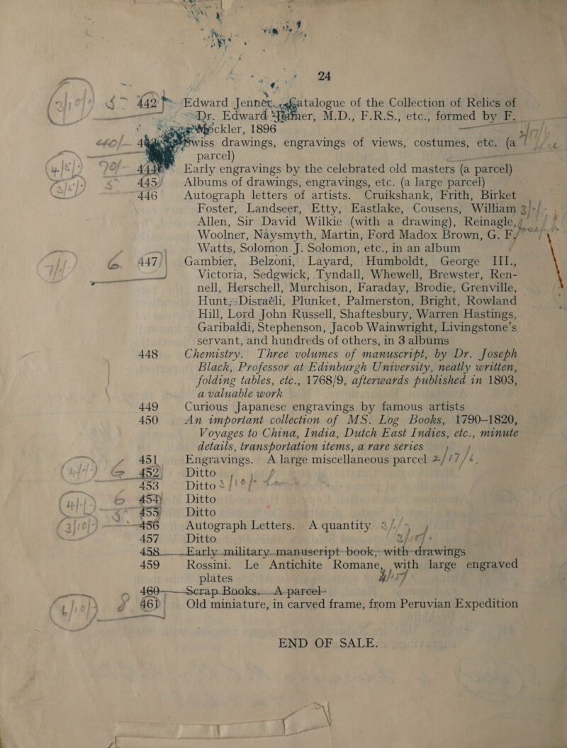 Rang ’, a Q . ; * ¥ aa Y Yom Re wy aA i 4 . 4 # 4 at i 4 24  442 - Edward Jenner. Catalogue of the Collection of Relics of , SDE Edward Bia ner, M.D., F.R.S., etc., formed by F; ae eerihockler, 1896 aaa ry swiss drawings, engravings of views, costumes, etc. &amp; | » parcel) | 4449 Early engravings by the celebrated old masters (a pateal 445, Albums of drawings, engravings, etc. (a large parcel) 446 Autograph letters of artists. Cruikshank, Frith, Birket Foster, Landseer, Etty, Eastlake, Cousens, William 2}- ef Allen, Sir David Wilkie (with a drawing), Reinagle, / 4 Ff Woolner, Naysmyth, Martin, Ford Madox Brown, G. a ‘se     4 Watts, Solomon. J. Solomon, etc., in an album 447,| Gambier, Belzoni, Layard, Humboldt, George Il, Bases Victoria, Sedgwick, Tyndall, Whewell, Brewster, Ren- nell, Herschell, Murchison, Faraday, Brodie, Grenville, Hunt, -Disraéli, Plunket, Palmerston, Bright, Rowland Hill, Lord John Russell, Shaftesbury, Warren Hastings, Garibaldi, Stephenson, Jacob Wainwright, Livingstone’s servant, and hundreds of others, in 3 albums 448 Chemistyy. Three volumes of manuscript, by Dr. Joseph Black, Professor at Edinburgh Umiversity, neatly written, folding tables, etc., 1768/9, afterwards published in 1803, a valuable work 449 Curious Japanese engravings by famous artists 450 An wmportant collection of MS. Log Books, 1790-1820, Voyages to China, India, Dutch East Indies, etc., minute details, transportation items, a rare series J 451 -Engravings. A large miscellaneous parcel 2/ 7 / b.  MOD) ADittodag ats 453° i Ditto 34 ophant 454) Ditto 455 ~~ Ditto . 457 Ditto 458 Early-military.manuseript~ book; a _demiten: 459 Rossini. Le Antichite Romane, with large engraved plates Ais 460——Scrap.Books....A-parcel- 46)! Old miniature, in carved frame, from Peruvian Expedition END OF, SALE.