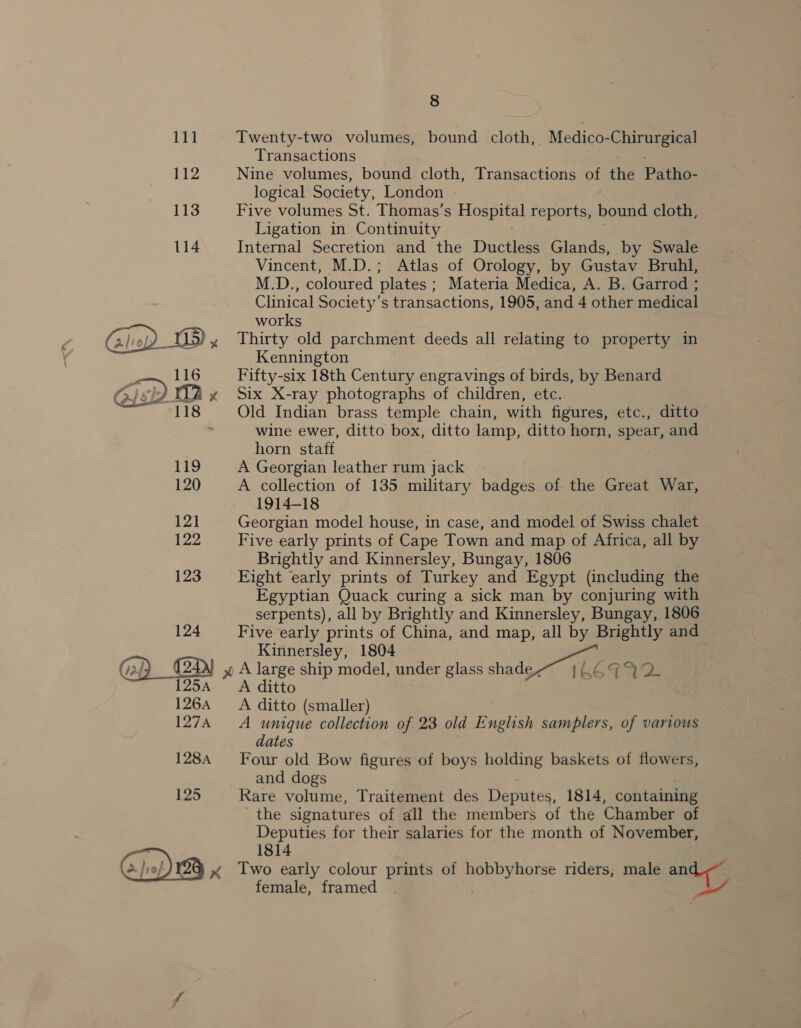 111 Twenty-two volumes, bound cloth, Medico-Chirurgical Transactions 112 Nine volumes, bound cloth, Transactions of the Patho- logical Society, London 113 Five volumes St. Thomas’s Hest reports, bound cloth, Ligation in. Continuity 114 Internal Secretion and the Ductless Glands, by Swale Vincent, M.D.; Atlas of Orology, by Gustav Bruhl, M.D., coloured plates : Materia Medica, A. B. Garrod ; Clinical Society’s transactions, 1905, and 4 other medical works x Thirty old parchment deeds all relating to property in Kennington a2 ARE Fifty-six 18th Century engravings of birds, by Benard (5) si) TA ~ Six X-ray photographs of children, etc. 118 Old Indian brass temple chain, with figures, etc., ditto Wine ewer, ditto box, ditto lamp, ditto horn, spear, and horn staff 119 A Georgian leather rum jack - 120 A collection of 135 military badges of the Great War, 1914-18 121 Georgian model house, in case, and model of Swiss chalet 122 Five early prints of Cape Town and map of Africa, all by Brightly and Kinnersley, Bungay, 1806 123 Eight early prints of Turkey and Egypt (including the Egyptian Quack curing a sick man by conjuring with serpents), all by Brightly and Kinnersley, Bungay, 1806 124 Five early prints of China, and map, all by Brightly and Kinnersley, 1804 @)_ Dd) » A large ship model, under glass shade eae GAR: 1254 A ditto 126A _—A ditto (smaller) 127A A unique collection of 23 old English samplers, of various dates 128A ‘Four old Bow figures of boys holding baskets of flowers, and dogs 125 Rare volume, Traitement des Deputes, 1814, containing the signatures of all the members of the Chamber of Deputies for their salaries for the month of November, . 1814 | x Two early colour prints of hobbyhorse riders, male and ~ female, framed