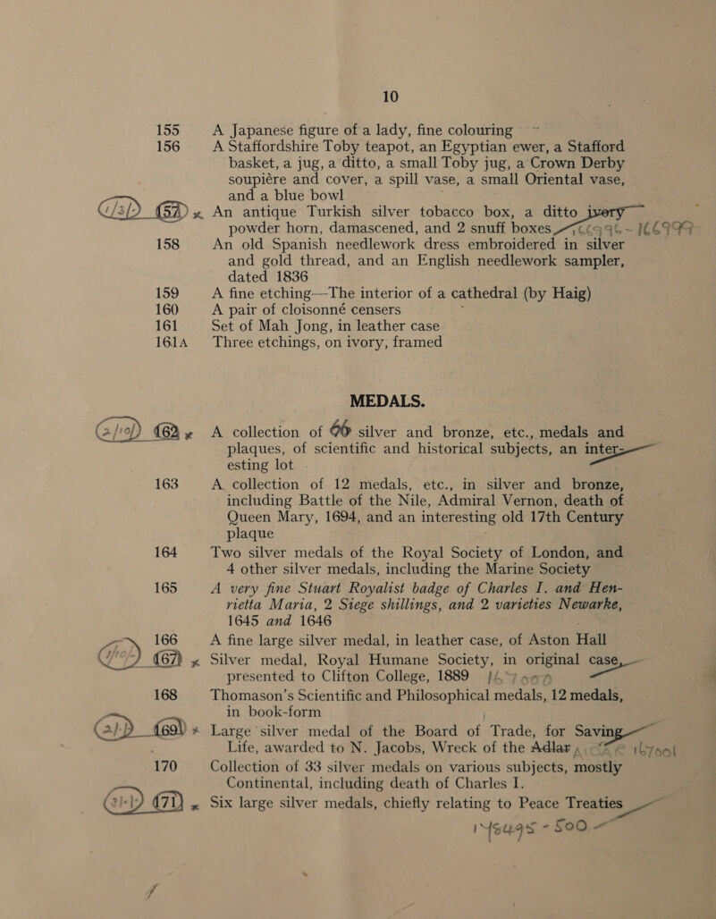 155 A Japanese figure ofa lady, fine colouring 156 A Staffordshire Toby teapot, an Egyptian ewer, a Stafford basket, a jug, a ditto, a small Toby jug, a Crown Derby soupiére and cover, a spill vase, a small Oriental vase, and a blue bowl Gp) GD x An antique Turkish silver tobacco box, a ditto i   powder horn, damascened, and 2 snuff boxes 70 - 126999 158 An old Spanish needlework dress embroidered in ee and gold thread, and an English needlework sampler, dated 1836 159 A fine etching—The interior of a cathedral (by Haig) 160 A pair of cloisonné censers 161 Set of Mah Jong, in leather case 1614 Three etchings, on ivory, framed MEDALS. 4x A collection of 40 silver and bronze, etc., medals and laques, of scientific and historical subjects, an inter; : oe lot Pa 163 A. collection of 12 medals, etc., in silver and bronze, including Battle of the Nile, Admiral Vernon, death of Queen Mary, 1694, and an interesting old 17th Century plaque 164 Two silver medals of the Royal Society of London, and 4 other silver medals, including the Marine Society 165 A very fine Stuart Royalist badge of Charles I. and Hen- rietta Maria, 2 Siege shillings, and 2 varieties Newarke, 1645 and 1646 ZA 166 A fine large silver medal, in leather case, of Aston Hall Ge) 67) ~ Silver medal, Royal Humane Society, in original case, — presented to Clifton College, 1889 [K-64 i 168 Thomason’s Scientific and Philosophical medals, 12 medals, in book-form G/) 2) 469) * Large silver medal of the Board of Trade, for Savin Life, awarded to N. Jacobs, Wreck of the Adlar AOA © tb7ool 170 Collection of 33 silver medals on various subjects, mostly Continental, including death of Charles I. (2)+): «x 1x large silver medals, chiefly relating to Peace Treaties IMGUe9S - S00 =