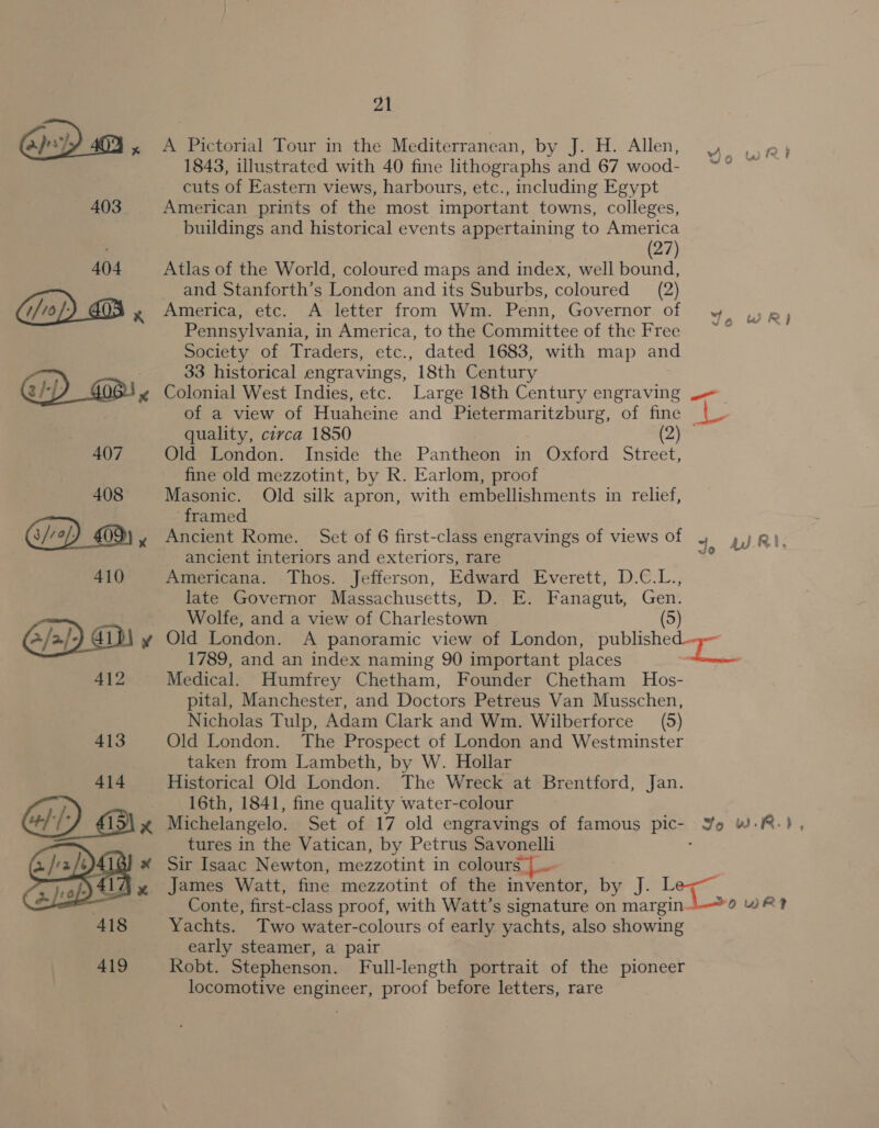  A Pictorial Tour in the Mediterranean, by J. H. Allen, 1843, illustrated with 40 fine lithographs and 67 wood- cuts of Eastern views, harbours, etc., including Egypt American prints of the most important towns, colleges, buildings and historical events appertaining to America (27) Atlas of the World, coloured maps and index, well bound, and Stanforth’s London and its Suburbs, coloured (2) America, etc. A letter from Wm. Penn, Governor of 4 1p; Pennsylvania, in America, to the Committee of the Free ~~ Society of Traders, etc., dated 1683, with map and 33 historical engravings, 18th Century Colonial West Indies, etc. Large 18th Century engraving of a view of Huaheine and Pietermaritzburg, of fine | quality, circa 1850 ey Old London. Inside the Pantheon in Oxford Street, fine old mezzotint, by R. Earlom, proof Masonic. Old silk apron, with embellishments in relief, framed Ancient Rome. Set of 6 first-class engravings of views of 4 4.) RQ), ancient interiors and exteriors, rare x Americana. Thos. Jefferson, Edward Everett, D.C.L., late Governor Massachusetts, D. E. Fanagut, Gen. Wolfe, and a view of Charlestown 5 Old London. A panoramic view of London, en ae 1789, and an index naming 90 important places Medical. Humfrey Chetham, Founder Chetham Hos- pital, Manchester, and Doctors Petreus Van Musschen, Nicholas Tulp, Adam Clark and Wm. Wilberforce (5) Old London. The Prospect of London and Westminster taken from Lambeth, by W. Hollar Historical Old London. The Wreck at Brentford, Jan. 16th, 1841, fine quality water-colour ct ~~ tures in the Vatican, by Petrus Savonelli Sir Isaac Newton, mezzotint in colours James Watt, fine mezzotint of the Sees Be J. Leg Conte, first-class proof, with Watt’s signature on margin. OWR? Yachts. Two water-colours of early yachts, also showing early steamer, a pair Robt. Stephenson. Full-length portrait of the pioneer locomotive engineer, proof before letters, rare