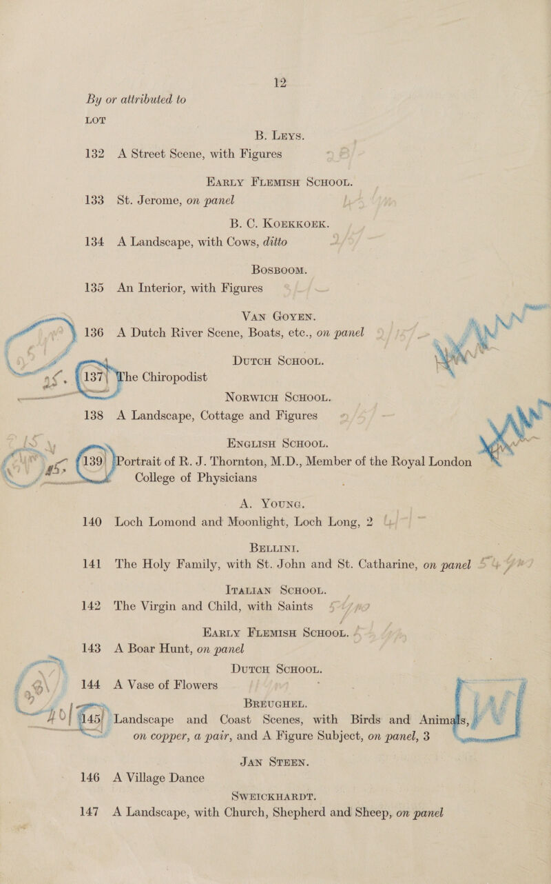 By or attributed to LOT B: Leys. 132 A Street Scene, with Figures EarLy FLEMISH SCHOOL. 133 St. Jerome, on panel B. C. KoBKKOEK. 134 A Landscape, with Cows, diito BosBoom. 135 An Interior, with Figures VAN GOYEN. Pl ) 136 A Dutch River Scene, Boats, etc., on panel Lo A al rtd 4 ate  ; DutcH ScHoot. | The Chiropodist   NorwicH SCHOOL. 138 <A Landscape, Cottage and Figures ENGLISH SCHOOL.   fou 139) ‘Portrait of R. J. Thornton, M.D., Member of the Royal London ie | College of Physicians A. YOUNG. 140 Loch Lomond and Moonlight, Loch Long, 2 BELLINI. 141 The Holy Family, with St. John and St. Catharine, on panel * + ITALIAN SCHOOL. 142 The Virgin and Child, with Saints Earty Fremisu Scuoot. - 143. A Boar Hunt, on panel ae ™ DurcH ScHoot. 144 A Vase of Flowers yf cgi. BREUGHEL. a 45} Landscape and Coast Scenes, with Birds and Animals,  fil P vec GR fi ay ee 2 te at eS ee x i (GR. Age 7 er (Sats A gt i  JAN STEEN. 146 <A Village Dance SWEICKHARDT. 147 A Landscape, with Church, Shepherd and Sheep, on panel