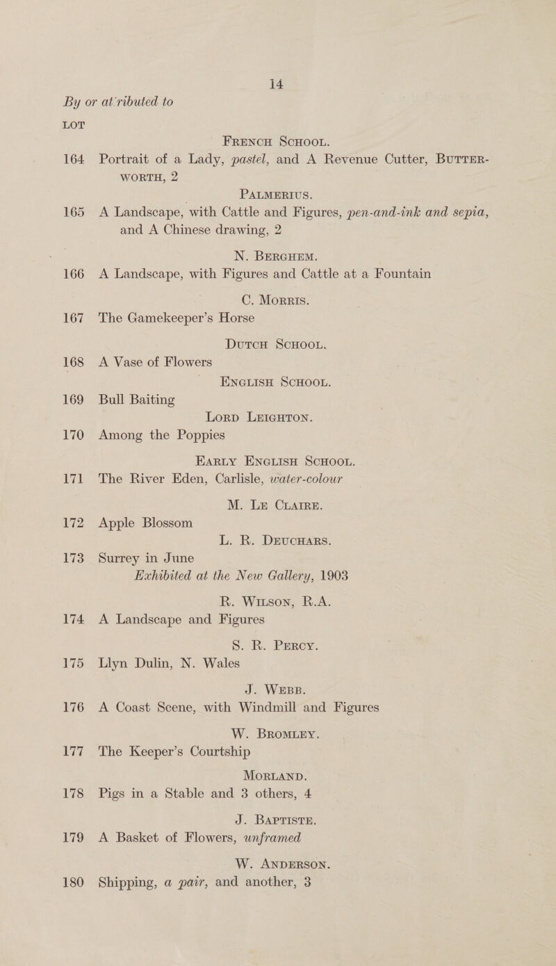 By or at‘ributed to LOT FRENCH SCHOOL. 164 Portrait of a Lady, pastel, and A Revenue Cutter, BUTTER- WORTH, 2 | PALMERIUS. 165 <A Landscape, with Cattle and Figures, pen-and-ink and sepia, and A Chinese drawing, 2 N. BERGHEM. 166 A Landscape, with Figures and Cattle at a Fountain C. Morris. 167 The Gamekeeper’s Horse DutTcH SCHOOL. 168 A Vase of Flowers ENGLISH SCHOOL. 169 Bull Baiting Lorp LEIGHTON. 170 Among the Poppies EARLY ENGLISH SCHOOL. 171 The River Eden, Carlisle, water-colowr M. Le CiarRe. 172 Apple Blossom L. R. DEUCHARS. 173 Surrey in June Exhibited at the New Gallery, 1903 R. Witson, R.A. 174 <A Landscape and Figures S. R. PERcY. 175 Llyn Dulin, N. Wales J. WEBB. 176 A Coast Scene, with Windmill and Figures W. BROMLEY. 177 The Keeper’s Courtship MoRLAND. 178 Pigs in a Stable and 3 others, 4 J. BAPTISTE. 179 A Basket of Flowers, wnframed W. ANDERSON. 180 Shipping, a pair, and another, 3