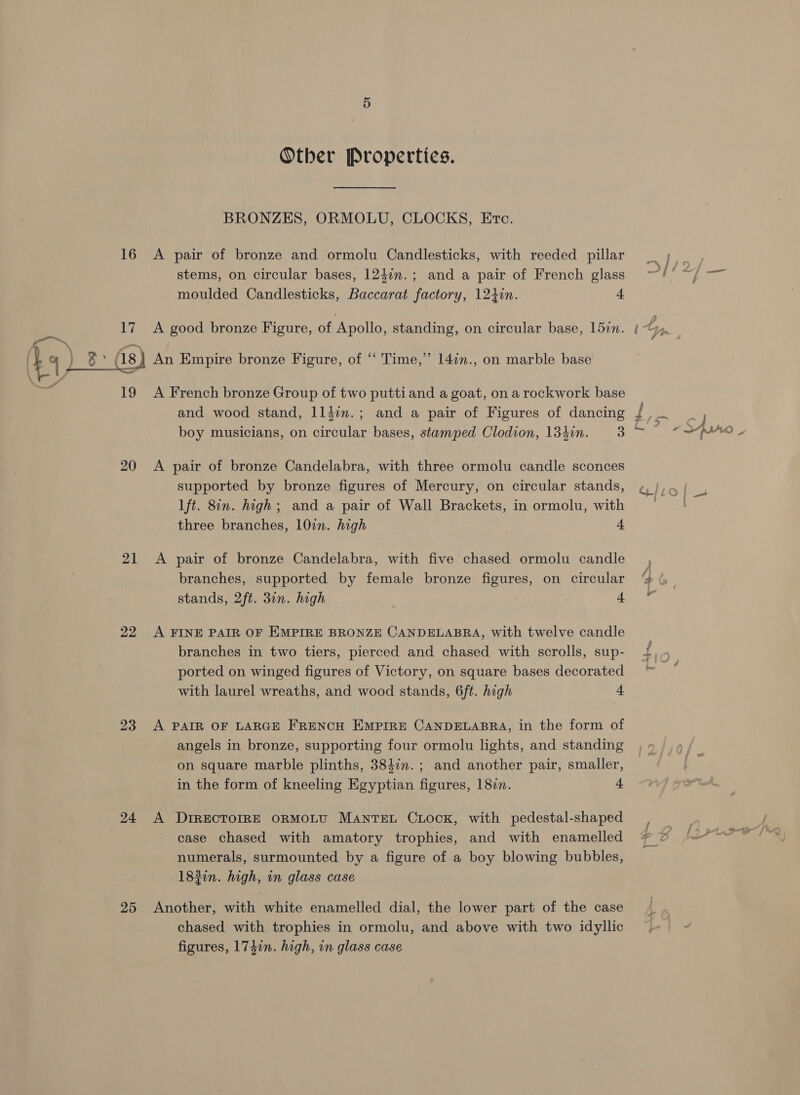 16 17 ay 21 22 23 24 25 Other Properties. BRONZES, ORMOLU, CLOCKS, Etc. stems, on circular bases, 1247n.; and a pair of French glass moulded Candlesticks, Baccarat factory, 1240n. 64 A French bronze Group of two puttiand a goat, on a rockwork base and wood stand, lldom.; and a pair of Figures of dancing boy musicians, on circular bases, stamped Clodion, 134in. 3 A pair of bronze Candelabra, with three ormolu candle sconces supported by bronze figures of Mercury, on circular stands, lft. 8in. high; and a pair of Wall Brackets, in ormolu, with three branches, 10in. high 4 A pair of bronze Candelabra, with five chased ormolu candle branches, supported by female bronze figures, on circular stands, 2ft. 30n. high ' f A FINE PAIR OF EMPIRE BRONZE CANDELABRA, with twelve candle branches in two tiers, pierced and chased with scrolls, sup- ported on winged figures of Victory, on square bases decorated with laurel wreaths, and wood stands, 6f¢. high 4 A PAIR OF LARGE FRENCH EMPIRE CANDELABRA, in the form of angels in bronze, supporting four ormolu lights, and standing on square marble plinths, 3847n.; and another pair, smaller, in the form of kneeling Egyptian figures, 1877. 4 A DrREctTorreE ormMoLU MANTEL Cock, with pedestal-shaped case chased with amatory trophies, and with enamelled numerals, surmounted by a figure of a boy blowing bubbles, 183in. high, in glass case Another, with white enamelled dial, the lower part of the case chased with trophies in ormolu, and above with two idyllic figures, 1740n. high, in glass case