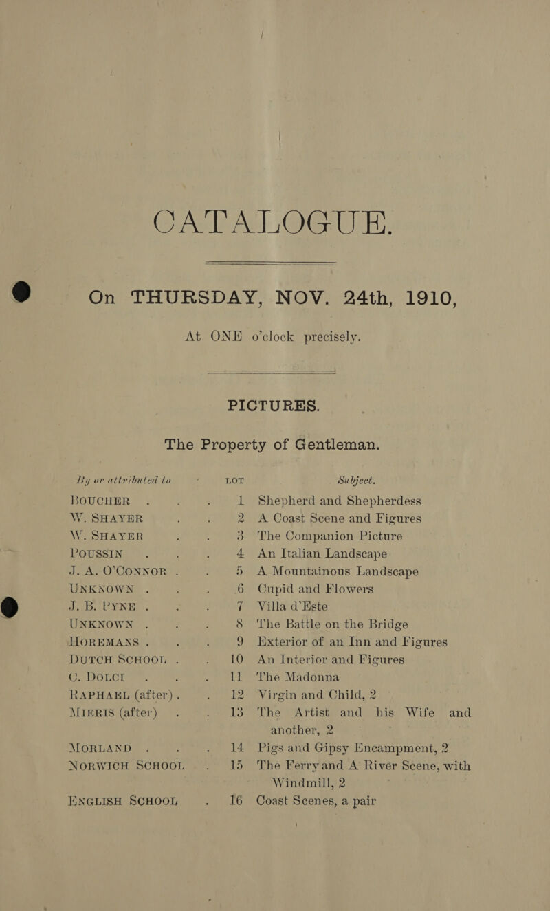  By or attributed to BOUCHER W. SHAYER W. SHAYER POUSSIN J. A. O'CONNOR . UNKNOWN J.B. PYNE UNKNOWN HOREMANS . DUTCH SCHOOL . C. DOLCI RAPHAEL (after) . MIERIS (after) MORLAND NORWICH SCHOOL ENGLISH SCHOOL Subject. Shepherd and Shepherdess A Coast Scene and Figures The Companion Picture An Italian Landscape A Mountainous Landscape Cupid and Flowers Villa d’Este The Battle on the Bridge Jixterior of an Inn and Figures An Interior and Figures The Madonna Virgin and Child, 2 The Artist and another, 2 his Wife and Pigs and Gipsy Encampment, 2 The Ferry and A Rivér Scene, with Windmill, 2 Coast Scenes, a pair