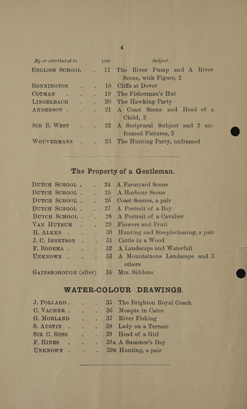 ENGLISH SCHOOL BONNINGTON COTMAN LINGELBACH ANDERSON . Str B. WEST WOUVERMANS ris) Xs) The River Pump and A River Scene, with Figure, 2 Cliffs at Dover The Fisherman’s Hut The Hawking Party A Coast Scene and Head of a Child, 2 A Scriptural Subject and 2 un- framed Pictures, 3 The Hunting Party, unframed  DUTCH SCHOOL . DUTCH SCHOOL . DUTCH SCHOOL . DUTCH SCHOOL . DUTCH SCHOOL . VAN HUYSUM H. ALKEN J. C. IBBETSON F. BODEMA . UNKNOWN GAINSBOROUGH (after) vw ie { ~ 0 2% 9-09 09 CS SHAD vo 32 33 d4 A Farmyard Scene A Harbour Scene Coast Scenes, a pair A Portrait of a Boy A Portrait.of a Cavalier Flowers and Fruit Hunting and Steeplechasing, a pair Cattle in a Wood A Landscape and Waterfall A Mountainous Landscape and 3 others Mrs. Siddons J. POLLARD. C. VACHER . G. MORLAND S. AUSTIN SiR C. ROSS ¥. HINES UNKNOWN do 36 a7 38 39 The Brighton Royal Coach Mosque in Cairo River Fishing Lady on a Terrace Head of a Girl 