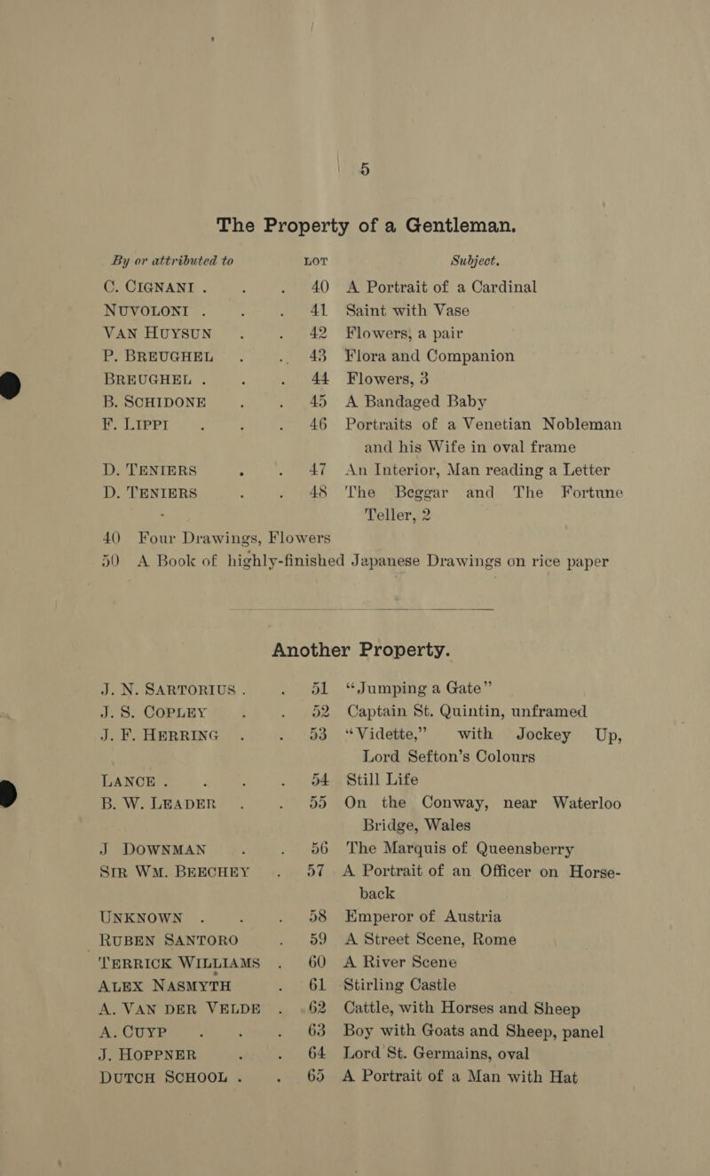 C. CIGNANI . NUVOLONI VAN HUYSUN P. BREUGHEL BREUGHEL . B. SCHIDONE F. LIPPI D. TENIERS D. TENIERS 40) 41 42 43 44 45 46 48 J. N. SARTORIUS . J.S. COPLEY J. F. HERRING LANCE . B. W. LEADER J DOWNMAN Sir WM. BEECHEY UNKNOWN _ RUBEN SANTORO TERRICK WILLIAMS ALEX NASMYTH A. VAN DER VELDE A. CUYP J. HOPPNER DUTCH SCHOOL . A Portrait of a Cardinal Saint with Vase Flowers, a pair Flora and Companion Flowers, 3 A Bandaged Baby Portraits of a Venetian Nobleman and his Wife in oval frame An Interior, Man reading a Letter The Beggar The Fortune Teller, 2 and  “ Jumping a Gate” Captain St. Quintin, unframed “Vidette,” with Jockey Up, Lord Sefton’s Colours Still Life On the Conway, near Waterloo Bridge, Wales The Marquis of Queensberry back Kmperor of Austria A Street Scene, Rome A River Scene Stirling Castle Cattle, with Horses and Sheep Boy with Goats and Sheep, panel Lord St. Germains, oval | A Portrait of a Man with Hat