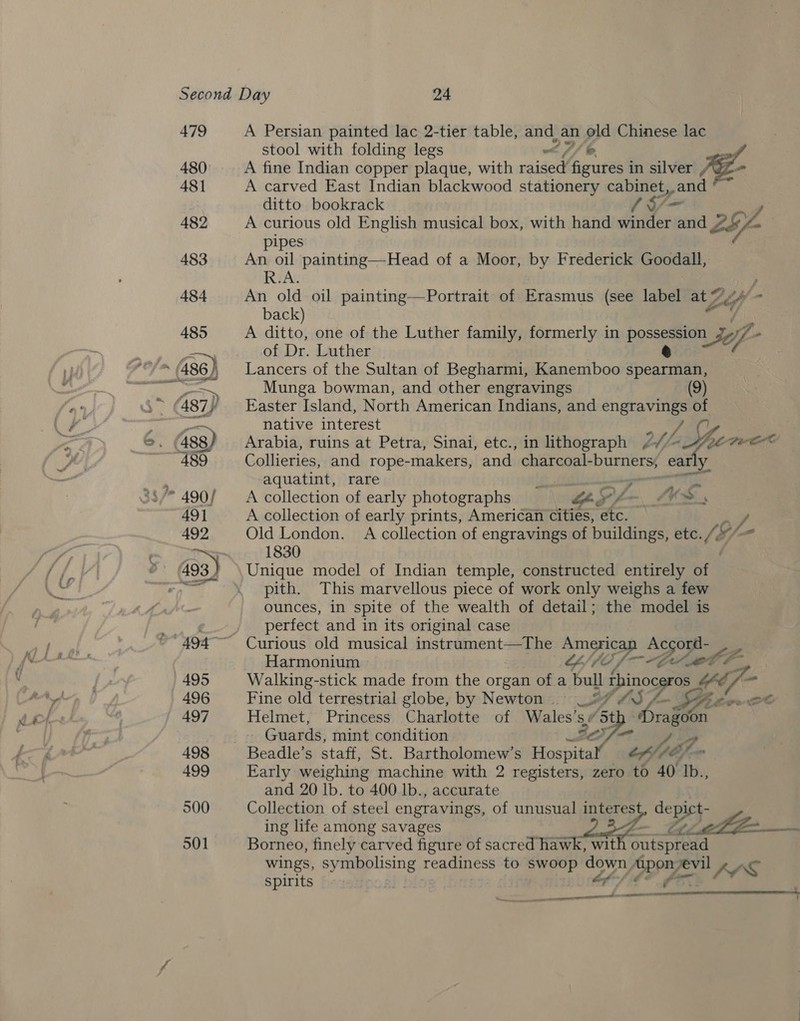 479 480 481 482 483 A Persian painted lac 2-tier table, and an old Chinese lac stool with folding legs &lt; 7/6. ‘ A fine Indian copper plaque, with raised figures in silver E- A carved East Indian blackwood stationery ee aoe ditto bookrack A curious old English musical box, with hand ntlere and L9f- pipes An oil painting—Head of a Moor, by Frederick Goodall, R.A An old oil painting—Portrait of Erasmus (see label at Ze - back) A ditto, one of the Luther family, formerly in pose wf of Dr. Luther Lancers of the Sultan of Begharmi, Kanemboo coca paaee Munga bowman, and other engravings (9) Easter Island, North American Indians, and engravings of native interest gre SG Pe Arabia, ruins at Petra, Sinai, etc., in lithograph 7/~ re Peers Collieries, and rope-makers, and charcoal- burners, early aquatint, rare y 7 gztt A collection of early photographs .&lt;- a on hy &gt; A collection of early prints, American Cities, etc. ee Old London. A collection of engravings of buildings, etc. (~~ 1830 é pith. This marvellous piece of work only weighs a few ounces, in spite of the wealth of detail; the model is perfect and in its original case 3 LF Harmonium YLMOL —~ “GX, Walking-stick made from the organ ofa bull $Sinoe os SHA or Fine old terrestrial globe, by Newton — Helmet, Princess Charlotte of Wales’ 5! vt b Draijoon - Guards, mint condition Ze ig Beadle’s staff, St. Bartholomew’s Fespiial nies Vb Early weighing machine with 2 registers, zero to 40 ib., and 20 lb. to 400 lb., accurate Collection of steel engravings, of unusual interest, tp Z ing life among savages PETZ Borneo, finely carved figure of sacred hawk, wit 0 ge wings, symbolising readiness to Swoop down fay 3 evil AWS spirits no.BE bt Ory , Cpe OU — a. 
