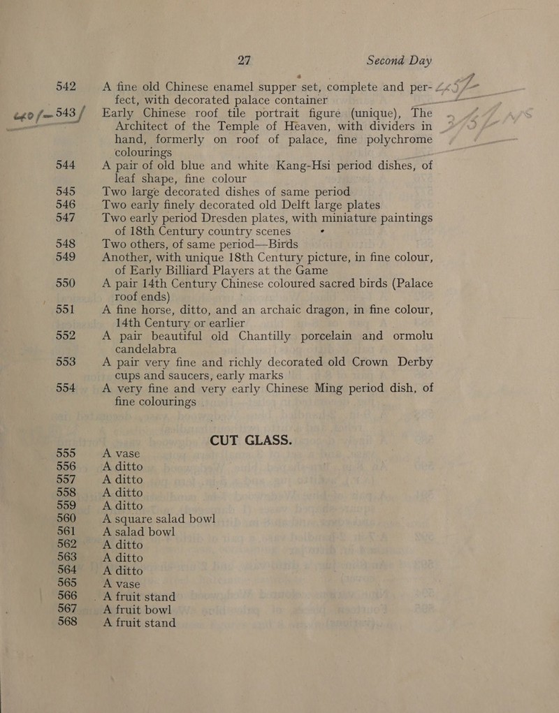 542 eo f— 943 / 544 545 546 547 548 549 550 551 552 553 554 555 556 557 558 559 560 561 562 563 564 565 566 567 568 27 Second Day A fine old Chinese enamel supper fect, with decorated palace container Fc. Early Chinese roof tile portrait figure (unique), The Architect of the Temple of Heaven, with dividers in hand, formerly on roof of palace, fine polychrome -colourings A pair of old blue and white Kang-Hsi period dishes, of leaf shape, fine colour Two large decorated dishes of same period Two early finely decorated old Delft large plates Two early period Dresden plates, with miniature paintings of 18th Century country scenes ° Two others, of same period—Birds Another, with unique 18th Century picture, in fine colour, of Early Billiard Players at the Game A pair 14th Century Chinese coloured sacred birds (Palace roof ends) A fine horse, ditto, and an archaic dragon, in fine colour, 14th Century or earlier A pair beautiful old Chantilly porcelain and ormolu candelabra A pair very fine and richly decorated old Crown Derby cups and saucers, early marks A very fine and very early Chinese Ming period dish, of fine colourings | CUT GLASS. A vase A ditto A ditto A ditto A ditto A square salad bowl A salad bowl A ditto A ditto A ditto A vase A fruit bowl A fruit stand