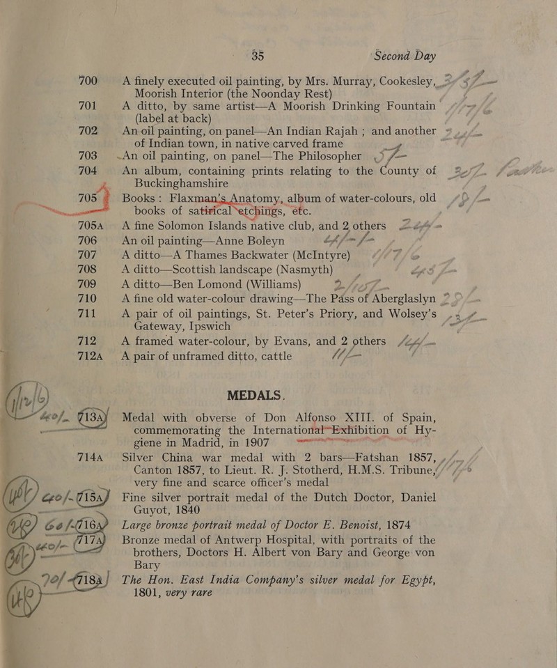  714A ea 715A, Ue) Sef 716. eeof- CU ——- 35 Second Day A finely executed oil painting, by Mrs. Murray, Cookesley, _: Moorish Interior (the Noonday Rest) A ditto, by same artist—A Moorish Drinking Fountain (label at back) An_oil painting, on panel—An Indian Rajah ; and another - of Indian town, in native carved frame A gh | ~An oil painting, on panel—The Philosopher ,&gt; fe An album, containing prints eClare to the County of Buckinghamshire Books : Af eee ee album of water-colours, old books of satirical tchings ‘ere. A fine Solomon Islands native club, aid. 2, others An oil painting—Anne Boleyn Lf fm f- A ditto—A Thames Backwater cutetn gee) A ditto—Scottish landscape (Nasmyth) A ditto—Ben Lomond (Williams) yn A pair of oil paintings, St. Peter’ s Priory, and Wolsey’s Gateway, Ipswich A framed water-colour, by Evans, and 2 others Jip t/ A pair of unframed ditto, cattle Wt, Lom ce MEDALS. Medal with obverse of Don Alfonso XIII. of Spain, commemorating the International~Exhibition of Hy- giene in Madrid, in 1907 sae Canton 1857, to Lieut. R. J. Stotherd, H.M.S. Tribune,’ very fine and scarce officer’s medal Fine silver portrait medal of the Dutch Doctor, Daniel Guyot, 1840 Large bronze portrait medal of Doctor E. Benotst, 1874 Bronze medal of Antwerp Hospital, with portraits of the brothers, Doctors H. Albert von Bary and George von Bary The Hon. East India Company’s silver medal for Egyt, 1801, very rare