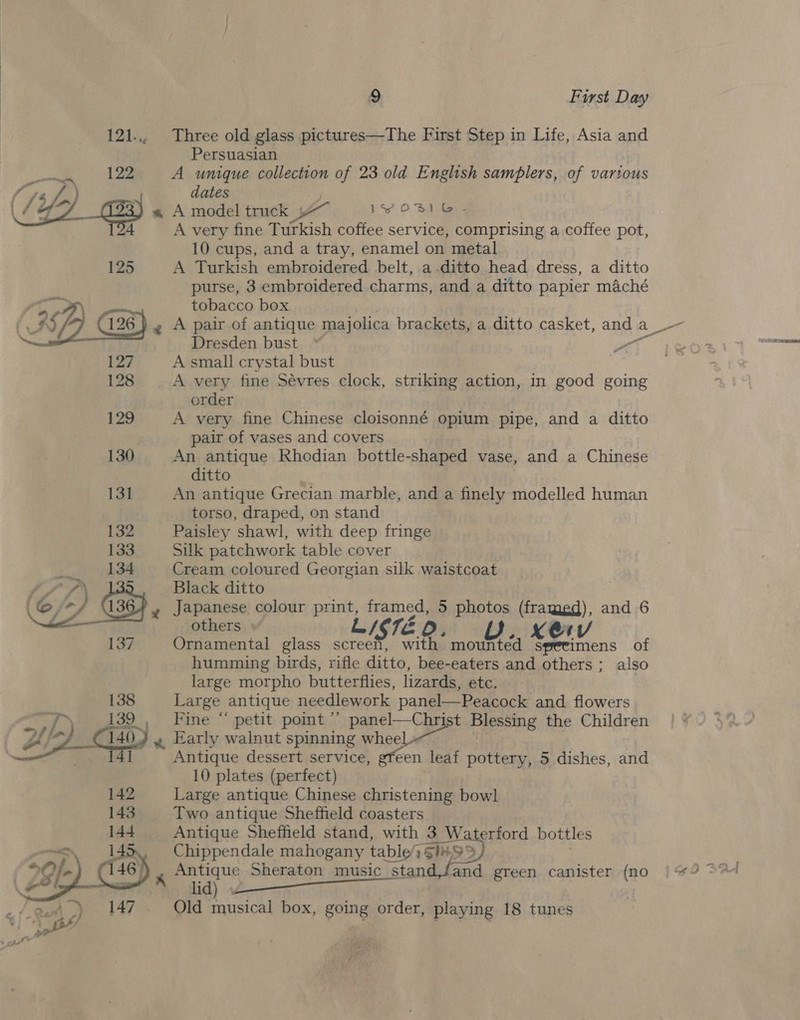  9 First Day 121... Three old glass pictures—The First Step in Life, Asia and Persuasian 122 A umique collection of 23 old English samplers, of vartous / 7 fi. dates \ 74 « A model truck ~~ Sw? O Bl ae + A very fine Turkish coffee service, comprising a coffee pot, 10 cups, and a tray, enamel on metal 125 A Turkish embroidered belt, a-ditto head dress, a ditto purse, 3 embroidered charms, and a ditto papier maché tobacco box A pair of antique majolica brackets, a ditto casket, and a _  Dresden bust ° &lt;a 127 A small crystal bust 128 A very fine Sévres clock, striking action, in good going order 129 A very fine Chinese cloisonné opium pipe, and a ditto pair of vases and covers 130 An antique Khodian bottle-shaped vase, and a Chinese ditto 131 An antique Grecian marble, and a finely modelled human torso, draped, on stand 132 Paisley shawl, with deep fringe 133 Silk patchwork table cover ie 134 Cream coloured Georgian silk waistcoat (7 /» Black ditto Japanese colour print, iene ae 5 photos (framed), and 6 others $72 0D Ornamental glass pole with i Bee ens of humming birds, rifle ditto, bee-eaters and others ; also large morpho butterflies, lizards, etc. Large antique needlework panel— Peacock and flowers Fine “ petit point ° panel—Christ Blessing the Children Early walnut spinning whee Antique dessert service, gfeen leaf pottery, 5 dishes, and 10 plates (perfect) 142 Large antique Chinese christening bowl 143 Two antique Sheffield coasters 144 Antique Sheffield stand, with 3 Waterford bottles : Chippendale mahogany table’ 1SIKSS ee Sheraton music stand,fand green canister (no ya Old musical box, going order, playing 18 tunes   