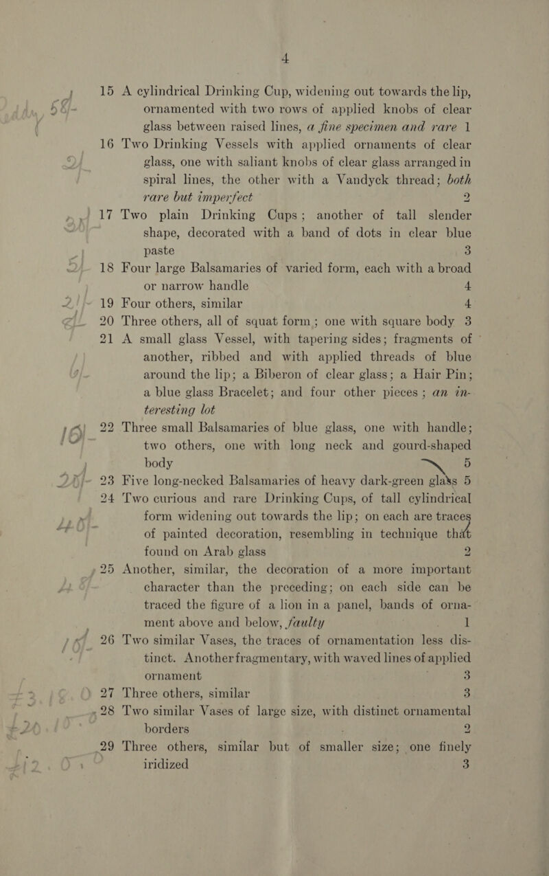 &gt; 16 iy 26 + ornamented with two rows of applied knobs of clear glass between raised lines, a fine specimen and rare 1 Two Drinking Vessels with applied ornaments of clear glass, one with saliant knobs of clear glass arranged in spiral lines, the other with a Vandyck thread; both rare but imperfect z Two plain Drinking Cups; another of tall slender shape, decorated with a band of dots in clear blue paste 3 Four large Balsamaries of varied form, each with a broad or narrow handle 4 Four others, similar 4 Three others, all of squat form; one with square body 3 A small glass Vessel, with tapering sides; fragments of © another, ribbed and with applied threads of blue around the lip; a Biberon of clear glass; a Hair Pin; a blue glass Bracelet; and four other pieces ; an in- teresting lot Three small Balsamaries of blue glass, one with handle; two others, one with long neck and gourd-shaped body 5 Five long-necked Balsamaries of heavy dark-green glass 5 Two curious and rare Drinking Cups, of tall cylindrical form widening out towards the lip; on each are trace of painted decoration, resembling in technique that found on Arab glass 2 Another, similar, the decoration of a more important character than the preceding; on each side can be traced the figure of a lion ina panel, bands of orna- ment above and below, faulty . 1 Two similar Vases, the traces of ornamentation less dis- tinct. Anotherfragmentary, with waved lines of applied ornament 3 Three others, similar , 3 Two similar Vases of large size, with distinct ornamental borders 2 Three others, similar but of smaller size; one finely iridized 3