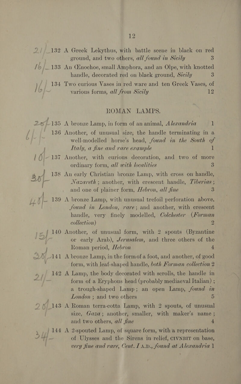 133 134 139 140 143 A Greek Lekythus, with battle scene in black on red ground, and two others, all found in Sicily 3 An (Enochoe, small Amphora, and an Olpe, with knotted handle, decorated red on black ground, Sicily 3 Two curious Vases in red ware and ten Greek Vases, of various forms, all from Sicily 12 ROMAN LAMPS. A bronze Lamp, in form of an animal, Alexandria 1 Another, of unusual size, the handle terminating in a well-modelled horse’s head, found in the South of Italy, a fine and rare example 1 Another, with curious decoration, and two of more ordinary form, all with localities BE Nazareth ; another, with crescent handle, 77berias ; and one of plainer form, Hebron, all fine 3 A bronze Lamp, with unusual trefoil perforation above, Jound in London, rare; and another, with crescent handle, very finely modelled, Colchester (Korman collection) 2 Another, of unusual form, with 2 spouts (Byzantine or early Arab), Jerusalem, and three others of the Roman period, Hebron 4 A bronze Lamp, in the form ofa foot, and another, of good form, with leaf-shaped handle, both Forman collection 2 A Lamp, the body decorated with scrolls, the handle in form of a Eryphous head (probably mediaeval Italian) ; a trough-shaped Lamp; an open Lamp, jownd in London ; and two others 5 A Roman terra-cotta Lamp, with 2 spouts, of unusual size, Gaza; another, smaller, with maker’s name ; and two others, al/ fine 4 A 2-spouted Lamp, of square form, with a representation of Ulysses and the Sirens in relief, CIVNBIT on base,