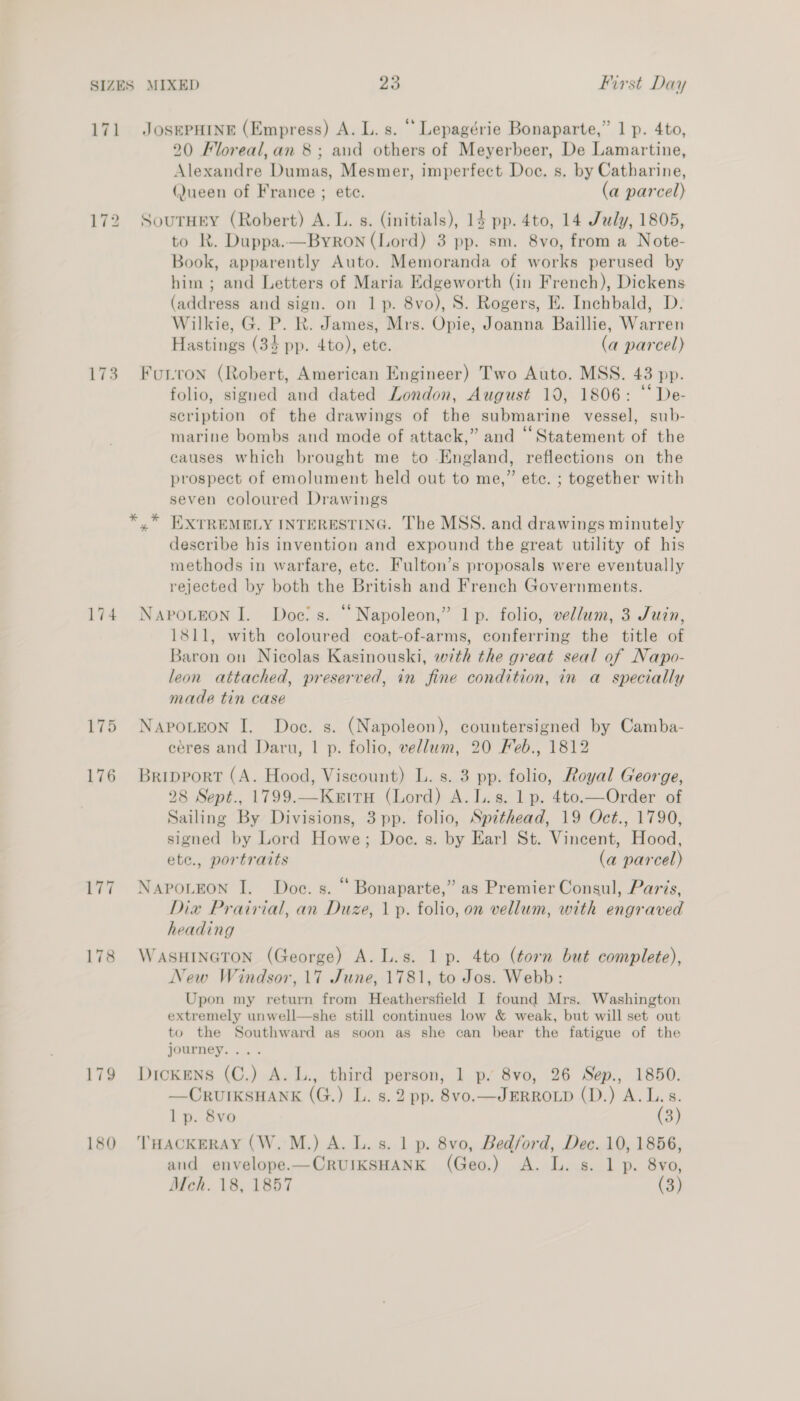 171 JosepHine (Empress) A. L. s. “* Lepagérie Bonaparte,” 1 p. 4to, 20 Floreal,an 8; and others of Meyerbeer, De Lamartine, Alexandre Dumas, Mesmer, imperfect Doe. s. by Catharine, (Jueen of France ; ete. (a parcel) 172 SourHey (Robert) A. L. s. (initials), 15 pp. 4to, 14 July, 1805, to R. Duppa.—Byron (Lord) 3 pp. sm. 8vo, from a Note- Book, apparently Auto. Memoranda of works perused by him ; and Letters of Maria Edgeworth (in French), Dickens (address and sign. on 1 p. 8vo), S. Rogers, E. Inchbald, D. Wilkie, G. P. R. James, Mrs. Opie, Joanna Baillie, Warren Hastings (34 pp. 4to), ete. (a parcel) 173. Furron (Robert, American Engineer) Two Auto. MSS. 43 pp. folio, signed and dated London, August 10, 1806: “‘ De- scription of the drawings of the submarine vessel, sub- marine bombs and mode of attack,” and “Statement of the causes which brought me to England, reflections on the prospect of emolument held out to me,” ete. ; together with seven coloured Drawings *,* EXTREMELY INTERESTING. The MSS. and drawings minutely describe his invention and expound the great utility of his methods in warfare, etc. Fulton’s proposals were eventually rejected by both the British and French Governments. 174 Napotron I. Doe: s. “Napoleon,” 1 p. folio, vellum, 3 Juin, 1811, with coloured coat-of-arms, conferring the title of Baron on Nicolas Kasinouski, with the great seal of Napo- leon attached, preserved, in fine condition, in a specially made tin case 175 Napo.teon I. Doc. s. (Napoleon), countersigned by Camba- céres and Daru, | p. folio, vellum, 20 Feb., 1812 176 Bripport (A. Hood, Viscount) L. s. 3 pp. folio, Royal George, 98 Sept., 1799.—Kzita (Lord) A.L.s. 1p. 4to.—Order of Sailing By Divisions, 3 pp. folio, Spithead, 19 Oct., 1790, signed by Lord Howe; Doc. s. by Earl St. Vincent, Hood, etc., portraits (a parcel) 177. Napoteon I. Doe. s. “ Bonaparte,” as Premier Consul, Paris, Dia Prairial, an Duze, 1p. folio, on vellum, with engraved heading 178 WASHINGTON (George) A. L.s. 1 p. 4to (torn but complete), New Windsor, 17 June, 1781, to Jos. Webb: Upon my return from Heathersfield I found Mrs. Washington extremely unwell—she still continues low &amp; weak, but will set out to the Southward as soon as she can bear the fatigue of the JOUFHCY. ... 179 Dickens (C.) A. L., third person, 1 p. 8vo, 26 Sep., 1850. —CRUIKSHANK (G.) L. s. 2 pp. 8vo.—JERROLD (D.) A. L.s. lp. 8vo (3) 180 THACKERAY (W.M.) A. L. s. 1 p. 8vo, Bedford, Dec. 10, 1856, and envelope.—CRUIKSHANK (Geo.) A. L. s. 1 p. 8vo, Mch. 18, 1857 (3)