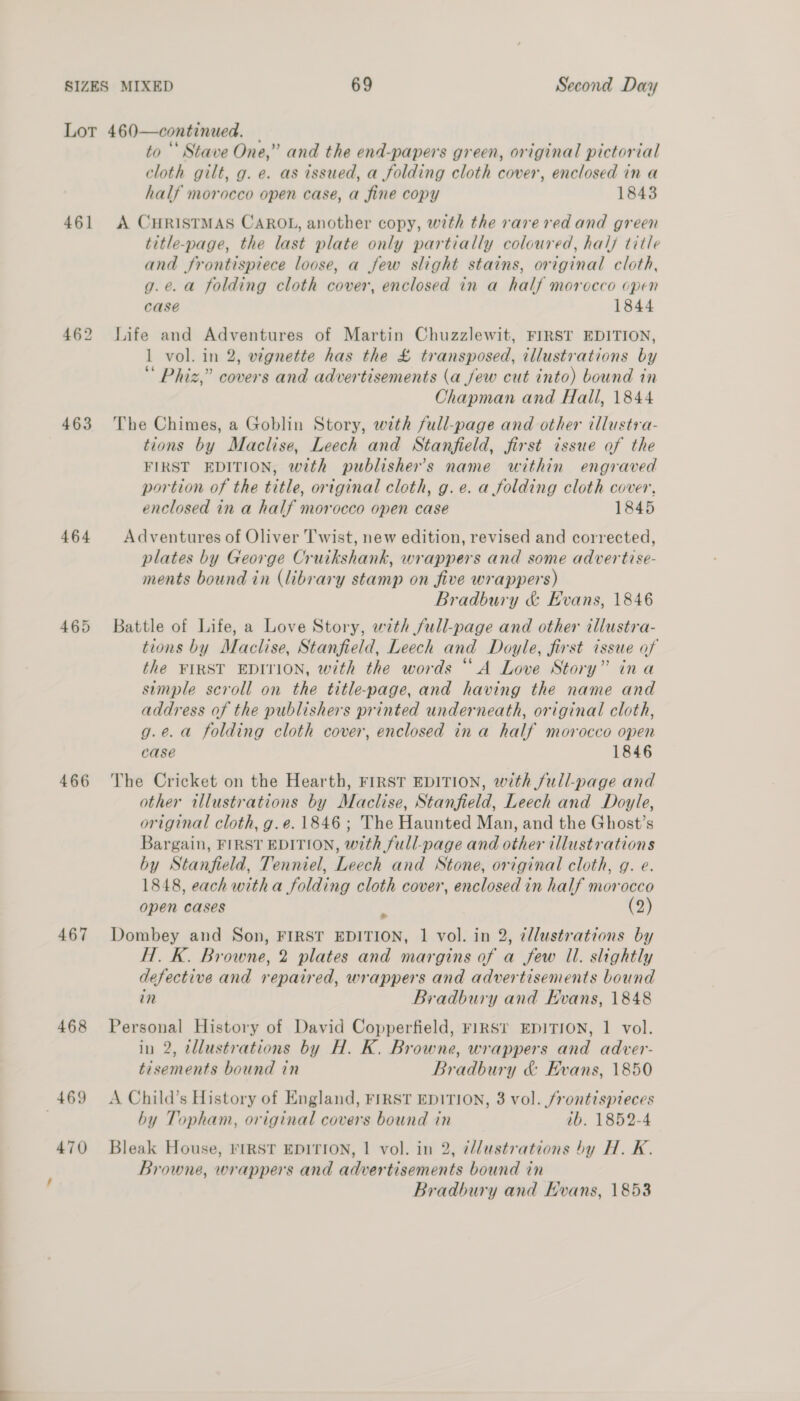 Lot 460—continued. | to “‘ Stave One,” and the end-papers green, original pictorial cloth gilt, g. e. as issued, a folding cloth cover, enclosed in a half morocco open case, a fine copy 1843 461 A CHRISTMAS CAROL, another copy, with the varered and green title-page, the last plate only partially coloured, hal/ title and frontispiece loose, a few slight stains, original cloth, g.e. a folding cloth cover, enclosed in a half morocco open case 1844 462 Life and Adventures of Martin Chuzzlewit, FIRST EDITION, 1 vol. in 2, vignette has the £ transposed, illustrations by “ Phiz,” covers and advertisements (a few cut into) bound in Chapman and Hall, 1844 463 The Chimes, a Goblin Story, with full-page and other illustra- tions by Maclise, Leech and Stanfield, first issue of the FIRST EDITION, with publisher’s name within engraved portion of the title, original cloth, g.e. a folding cloth cover, enclosed in a half morocco open case 1845 464 Adventures of Oliver Twist, new edition, revised and corrected, plates by George Cruikshank, wrappers and some advertise- ments bound in (library stamp on five wrappers) Bradbury &amp; Evans, 1846 465 Battle of Life, a Love Story, with full-page and other illustra- tions by Maclise, Stanfield, Leech and Doyle, first issue of the FIRST EDITION, with the words “A Love Story” ina simple scroll on the title-page, and having the name and address of the publishers printed underneath, original cloth, g.e. a folding cloth cover, enclosed in a half morocco open case 1846 466 The Cricket on the Hearth, FIRST EDITION, with full-page and other illustrations by Maclise, Stanfield, Leech and Doyle, original cloth, g.e. 1846; The Haunted Man, and the Ghost’s Bargain, FIRST EDITION, with full-page and other illustrations by Stanfield, Tenniel, Leech and Stone, original cloth, g. e. 1848, each witha folding cloth cover, enclosed in half morocco open cases (2) 467 Dombey and Son, FIRST EDITION, 1 vol. in 2, ¢llustrations by HT. K. Browne, 2 plates and margins of a few Il. slightly defective and repaired, wrappers and advertisements bound in Bradbury and Evans, 1848 468 Personal History of David Copperfield, FIRST EDITION, 1 vol. in 2, tllustrations by H. K. Browne, wrappers and adver- tisements bound in Bradbury &amp; Evans, 1850 469° A Child’s History of England, FIRST EDITION, 3 vol. /rontispieces by Topham, original covers bound in ib. 1852-4 470 Bleak House, FIRST EDITION, | vol. in 2, @/lustrations by H. K. Browne, wrappers and advertisements bound in Bradbury and Evans, 1853