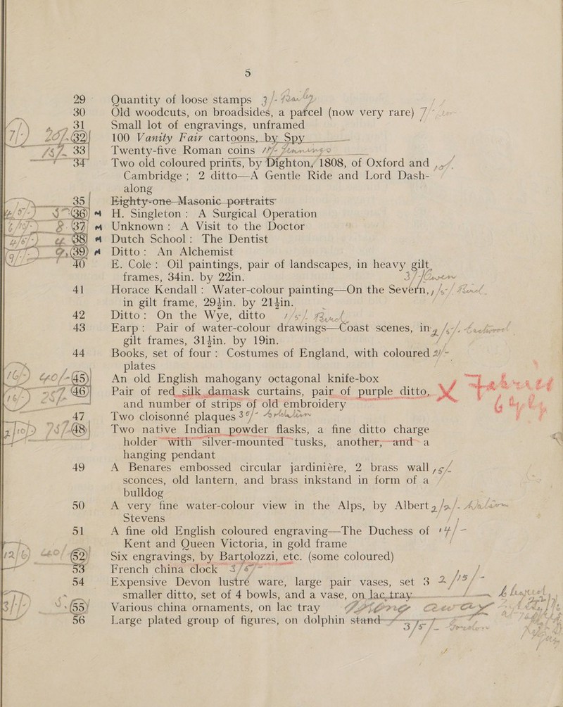  2B2322 re) Quantity of loose stamps 3/- 724“? | Old woodcuts, on broadsides, a patcel (now very rare) // Small lot of engravings, unframed 100 Vanity Fair cartoons, by. sa Twenty-five Roman coins /// l, JAPA AWGN Two old coloured prints, by Gps 1808, of Oxford and , Cambridge ; 2 ditto—A Gentle Ride and Lord Dash- along Masonic_portratts” Ee Since fen A Surgical Operation Unknown: A Visit to the Doctor Dutch School: The Dentist Ditto: An Alchemist frames, 34in. by 22in. aren Horace Kendall : Water-colour painting—On the Pee plo| Farol in gilt frame, 294in. by 214in. Ditto: On the Wye, ditto. 7/a yau Earp: Pair of water-colour drawings—Coast scenes, in Ey if hove gilt frames, 3lgin. by 19in. Books, set of four: Costumes of England, with coloured 2) = plates An old English mahogany octagonal knife-box Arld hive Two native Indian a flasks, a fine ditto os holder “with “silver-mounted “tusks, another,~and&gt; hanging pendant A Benares embossed circular jardiniére, 2 brass wall ,./ sconces, old lantern, and brass inkstand in form of a / bulldog | : A very fine water-colour view in the Alps, by Albert 2/s . Aj bacens Stevens Jy A fine old English coloured engraving—The Duchess of a “ Kent and Queen Victoria, in gold frame Six engravings, by Bartolozzi, etc. (some coloured) French china Clock 3/s7” rey Expensive Devon lustré ware, large pair vases, set 3 4 //?/ ~ Various china ornaments, on lac tray Pr A Large plated group of figures, on solplaie Sint ; | wr . i 3 /5- f