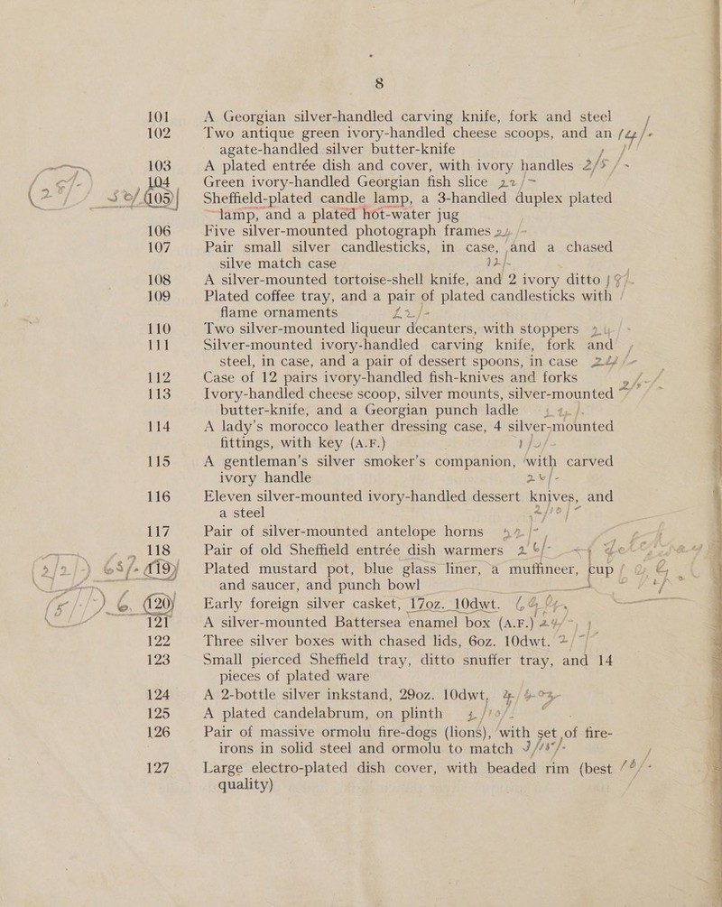    7 8 A Georgian silver-handled carving knife, fork and steel Two antique green ivory-handled cheese scoops, and an (¢ j- agate-handled ‘silver butter-knife }' A plated entrée dish and cover, with ivory handles 2/s 5 / Green ivory-handled Georgian fish slice 22/> Sheffield-plated candle lamp, a 3-handled duplex plated “lamp, and a platéd hot-water jug Five silver-mounted photograph frames »». Pair small silver candlesticks, in case, and a chased silve match case Sas ba ; A silver-mounted tortoise-shell knife, and 2 ivory ditto |? Plated coffee tray, and a pair « of plated candlesticks with / flame ornaments Ly: Two silver-mounted liqueur decanters, with stoppers 4.4 Silver-mounted ivory-handled carving knife, fork and | steel, in case, and a pair of dessert spoons, in case 244 /~ Case of 12 pairs ivory-handled fish-knives and forks Ivory-handled cheese scoop, silver mounts, silver-mounted ~ butter-knife, and a Georgian punch ladle Lt}. A lady’s morocco leather dressing case, 4 silver> mounted fittings, with key (A.F.) | Pyayfs A gentleman's silver smoker's companion, ‘with carved Et ig ~ ivory handle 2v/ Eleven silver-mounted ivory-handled dessert knives, and a steel 2/10 | Pair of silver-mounted antelope horns 42. San | Pair of old Sheffield entrée dish warmers g. b]- <~4 f eA Plated mustard pot, blue glass liner, a muffineer, pup / Ox Z, 3 and saucer, and punch bowl — 1S eh hog as Pi / f fF { A silver-mounted Raaersda ae box ee en I Three silver boxes with chased lids, 60z. 10dwt. 2 Small pierced Sheffield tray, ditto snuffer tray, and 14 pieces of plated ware A 2-bottle silver inkstand, 290z. 10dwt. 2 O35 A plated candelabrum, on plinth 4//o Pair of massive ormolu fire-dogs (lions), with Dee of fire- irons in solid steel and ormolu to match ///%*, j Large electro-plated dish cover, with beaded rim (best /¢/- quality) : io: i t= i i or a itd bot o é ha tepy OF igs? pth gs as eek   Sot sae pt aereiean sania dae a 