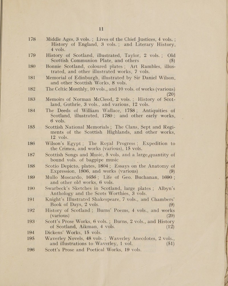  178 L/9 180 181 182 183 184 185 186 187 188 189 190 Lol 192 194 195 196 11 Middle Ages, 3 vols. ; Lives of the Chief Justices, 4 vols. ; History of England, 3 vols.; and Literary History, 4 vols. History of Scotland, illustrated, Taylor, 2 vols.; Old Scottish Communion Plate, and others (5) Bonnie Scotland, coloured plates; Art Rambles, illus- trated, and other illustrated works, 7 vols. Memorial of Edinburgh, illustrated by Sir Daniel Wilson, and other Scottish Works, 8 vols. The Celtic Monthly, 10 vols., and 10 vols. of works (various) 20 Memoirs of Norman McCleod, 2 vols. ; History of any land, Guthrie, 3 vols., and various, 12 vols. The Deeds of William Wallace, 1758; Antiquities of Scotland, illustrated, 1780; and other early works, 6 vols. Scottish National Memorials; The Clans, Sept and Regi- ments of the Scottish Highlands, and other works, 12 vols. Wilson’s Egypt; The Royal Progress; Expedition to the Crimea, and works (various), 15 vols. Scottish Songs and Music, 5 vols, and a large,quantity of bound vols. of bagpipe music : Scotio Depicto, plates, 1804; Essays on the Anatomy of Expression, 1806, and works (various) (9) Mullo Moscardo, 1656; Life of Geo. Buchanan, 1690 ; and other old works, 6 vols. Swarbeck’s Sketches in Scotland, large plates; Albyn’s Anthology and the Scots Worthies, 3 vols. Knight’s Illustrated Shakespeare, 7 vols., and Chambers’ Book of Days, 2 vols. (9) History of Scotland; Burns’ Poems, 4 vols., and works (various) (20) of Scotland, Aikman, 4 vols. (12) Dickens’ Works, 15 vols. Waverley Novels, 48 vols. ; Waverley Anecdotes, 2 vols., and illustrations to Waverley, 1 vol. (51) Scott’s Prose and Poetical Works, 19 vols. 