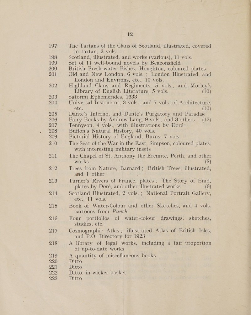 197 198 199 200 201 202 203 204 205 206 207 208 209 210 211 212 213 214 2195 216 217 218 219 220 221 222 12 The Tartans of the Clans of Scotland, illustrated, covered in tartan, 2 vols. Scotland, illustrated, and works (various), 11 vols. Set of 11 well-bound novels by Beaconsfield British Fresh-water Fishes, Houghton, coloured plates Old and New London, 6 vols. ; London Illustrated, and London and Environs, etc., 10 vols. Highland Clans and Regiments, 5 vols., and Morley’s Library of English Literature, 5 vols. (10) Satorini Ephemerides, 1633 Universal Instructor, 3 vols., and 7 vols. of Architecture, etc. (10) Dante’s Inferno, and Dante’s Purgatory and Paradise Fairy Books by Andrew Lang, 9 vols., and 3 others (12) Tennyson, 4 vols., with illustrations by Doré Buffon’s Natural History, 40 vols. Pictorial History of England, Burns, 7 vols. The Seat of the War in the East, Simpson, coloured plates, with interesting military insets The Chapel of St. Anthony the Eremite, Perth, and other works (5) Trees from Nature, Barnard; British Trees, illustrated, and 1 other | Turner’s Rivers of France, aes: The Stery ot nid, plates by Doré, and other illustrated works (6) Scotland Illustrated, 2 vols.; National Portrait Gallery, etc., 11 vols. Book of Water-Colour and other Sketches, and 4 vols. cartoons from Punch Four portfolios of water-colour drawings, sketches, studies, etc. Cosmographic Atlas; illustrated Atlas of British Isles, and P.O. Directory for 1923 A library of legal works, including a fair proportion of up-to-date works A quantity of miscellaneous books Ditto Ditto, Ditto, in wicker basket