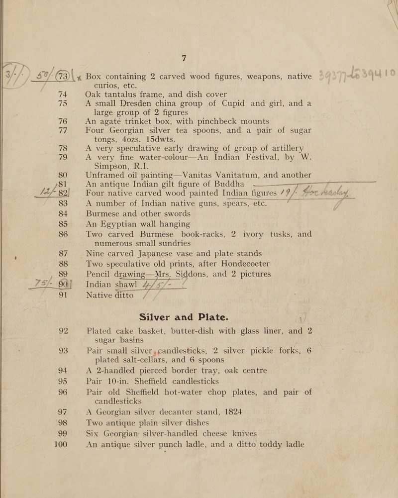 _/2/- 82)  94 97 100  7 curios, etc. Oak tantalus frame, and dish cover A small Dresden china group of Cupid and girl, and a large group of 2 figures An agate trinket box, with pinchbeck mounts Four Georgian silver tea spoons, and a pair of sugar tongs, 4ozs. 15dwts. A very speculative early drawing of group of artillery A very fine water-colour—An Indian Festival, by W. Simpson, R.I. Unframed oil painting—Vanitas Vanitatum, and another An antique Indian gilt figure of Buddha” —___+_>_>_, 7 A number of Indian native guns, spears, etc. ‘Burmese and other swords An Egyptian wall hanging Two carved Burmese book-racks, 2 ivory tusks, and numerous small sundries _Nine carved Japanese vase and plate stands Two speculative old prints, after Hondecoeter Pencil drawing—Mrs,_ Siddons, and 2 pictures Indian shawl 4/ Agfr Native ditto / Silver and Plate. Plated cake basket, butter-dish with glass liner, faa 2 sugar basins Pair small silver, candlesticks, 2 silver pickle forks, 6 plated salt-cellars, and 6 spoons A 2-handled pierced border tray, oak centre Pair 10-in. Sheffield candlesticks Pair old Sheffield hot-water chop plates, and pair of candlesticks A Georgian silver decanter stand, 1824 Two antique plain silver dishes Six Georgian silver-handled cheese knives An antique silver punch ladle, and a ditto toddy ladle