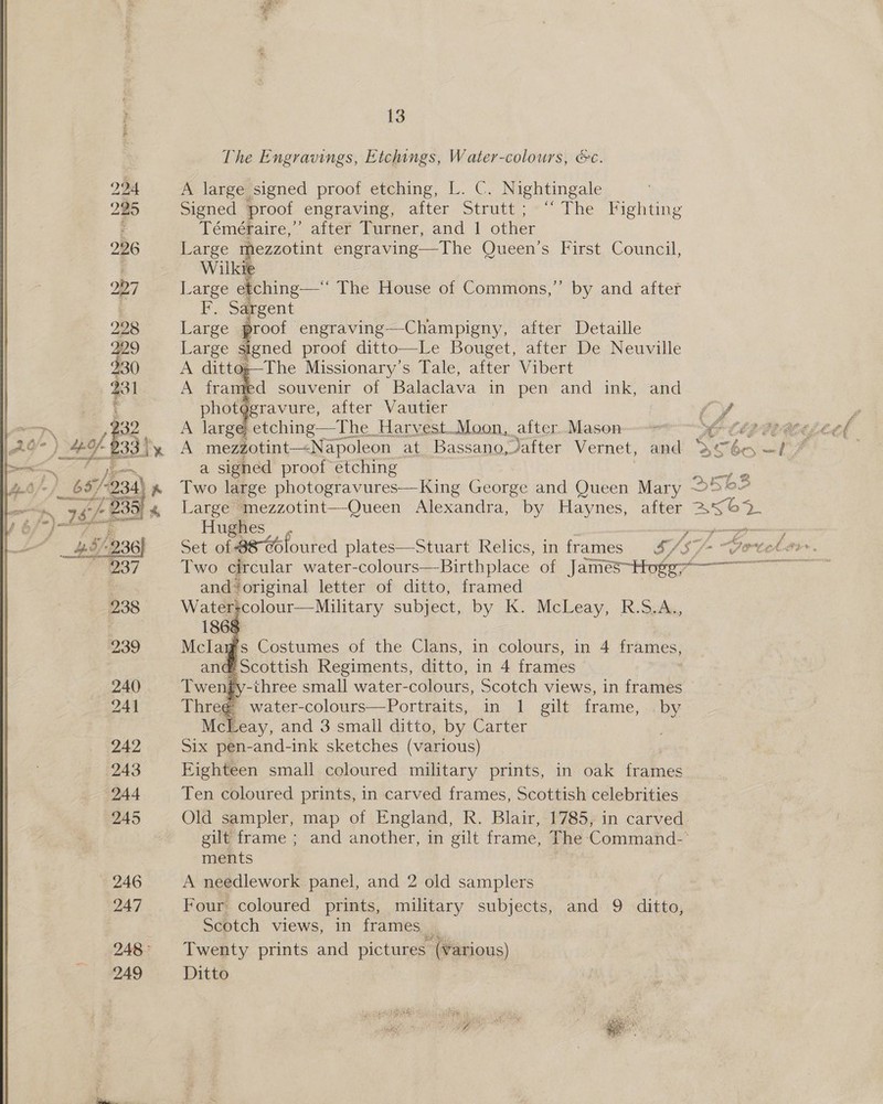The Engravings, Etchings, Water-colours, &amp;c. 224 A large signed proof etching, L. C. Nightingale 225 Signed proof engraving, after Strutt; “The Fighting : Téméraire, * after Turner, and 1 other   226 Large Wilk 22:7 Large é€ tching— The House of Commons,” by and Atter F: Sargent 298 Large proof engraving—Champigny, after Detaille 229 Large signed proof ditto—Le Bouget, after De Neuville 930 A dittes—The Missionary’s Tale, after Vibert 231 A framed souvenir of Balaclava in pen and ink, and phot ae after Vautier , (¥ m Bn, A et etching—The Harvest.Moon, after. Mason—-- SC Copeeee eed ) ey 33ty A mezzotint—-Napoleon at. Bassano after Vernet, and Oba —/ % a signed proof etching 2562 , 65) /934) ~ © 6©Two large photogravures—King George and Queen Mary ~ +5b3 PA es 235 y « Large mezzotint—-OQueen Alexandra, by Haynes, after AS? ey ee 4 ae Hughes a ea and original letter of ditto, framed 238 eae oo Miltary subject, by K. McLeay, R.S:4s,  239 Mclay's Costumes of the Clans, in colours, in 4 frames, and Scottish Regiments, ditto, in 4 frames ty-three small water-colours, Scotch views, in frames ¢€ water-colours—Portraits, in 1 gilt frame, by McLeay, and 3 small ditto, by Carter 242 Six pen-and-ink sketches (various) 243 Eighteen small coloured military prints, in oak frames (244 Ten coloured prints, in carved frames, Scottish celebrities 245 Old sampler, map of England, R. Blair, 1785, in carved gilt frame ; and another, in gilt frame, The Command- ments — 246 A needlework panel, and 2 old samplers 247 Four coloured prints, military subjects, and 9 ditto, | Scotch views, in frames _ 248° Twenty prints and pictures (various) 249 Ditto 
