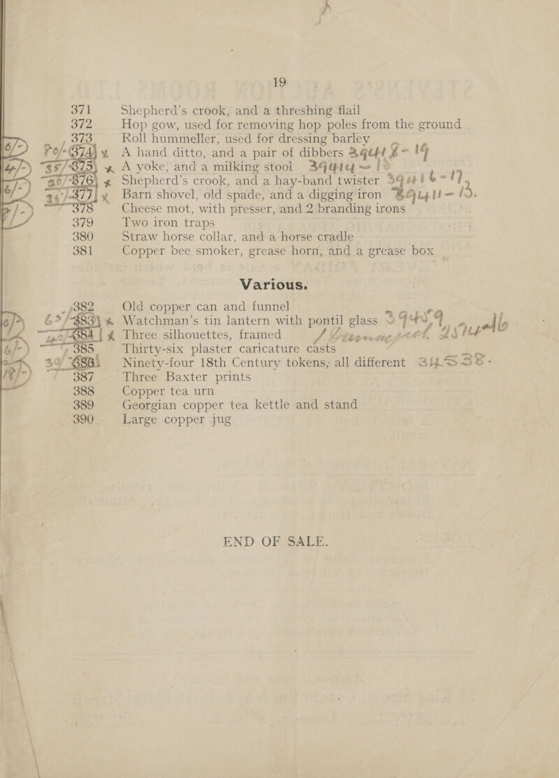 Shepherd’s crook, and a threshing flail Hop gow, used for removing hop poles from the ground | Roll hummeller, used for dressing barley x A hand ditto, and a pair of dibbers Qgqul £- 19 A yoke, and a milking stool 34ipie — 19 Shepherd’s crook, and a hay-band twister 34 406 b- ') Barn shovel, old spade, and a digging iron “44 Led 3. Cheese mot, with presser, and 2 branding 1 irons Two iron traps Straw horse collar, and a horse cradle , Copper bee smoker, grease horn, and a grease box  Any * Various. Old copper can and funnel aie Watchman’s tin lantern with seen glass © o 5 oe 9 Three silhouettes, framed ot _ Thirty-six plaster caricature ne a Ninety-four 18th Century tokens, all different 2452 0- Three Baxter prints Copper tea urn Georgian copper tea kettle and stand Large copper jug a” a gt SLEE Bary a 7 - €s ome See  END OF SALE.