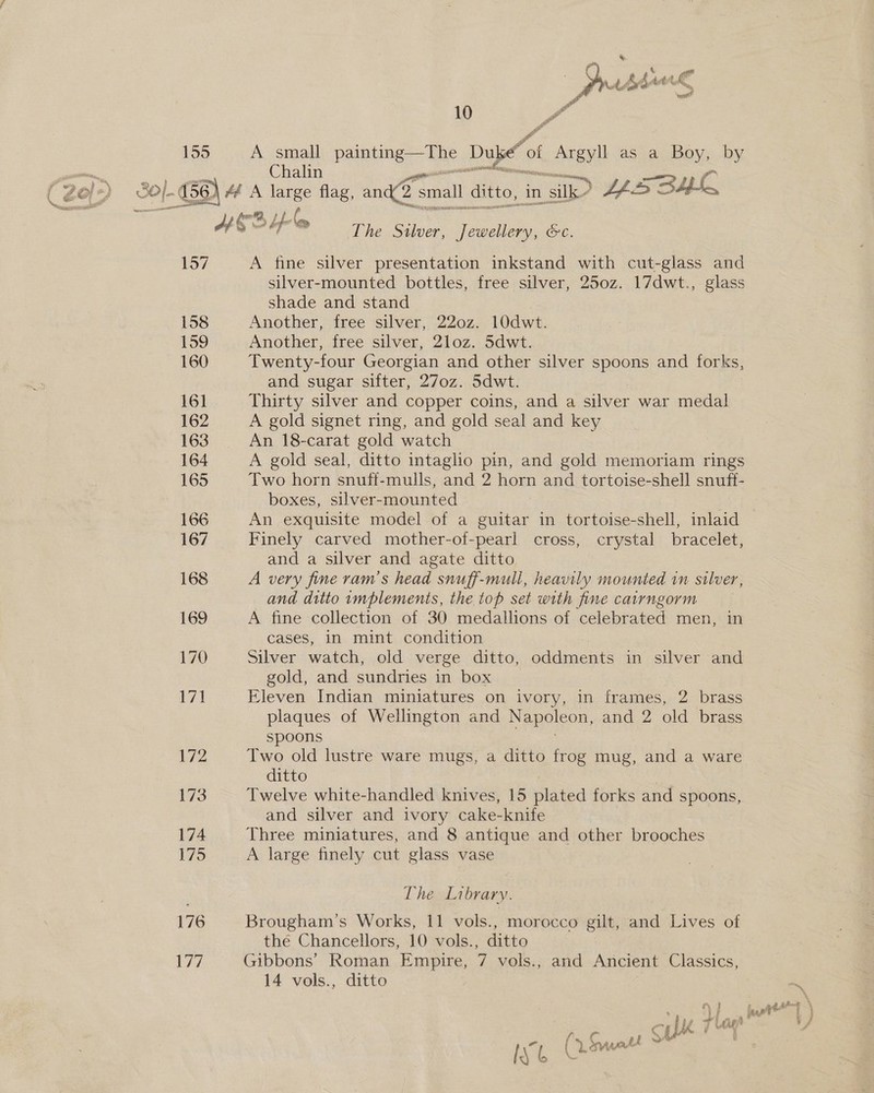 &amp; } Drasbec ue oo = 155 A small ss es Dupe“ of area as a Boy, by i Chalin —— \ Af A large flag, and? s small ditto, in ae: FLO SAE 10  f AGe » bf The Silver, Jewellery, &amp;c. 157 A fine silver presentation inkstand with cut-glass and silver-mounted bottles, free silver, 250z. 17dwt., glass shade and stand 158 Another, free silver, 220z. 10dwt. 159 Another, free silver, 2lo0z. 5dwt. 160 Twenty-four Georgian and other silver spoons and forks, and sugar sifter, 270z. 5dwt. 161 Thirty silver and copper coins, and a silver war medal 162 A gold signet ring, and gold seal and key 163 An 18-carat gold watch 164 A gold seal, ditto intaglio pin, and gold memoriam rings 165 Two horn snuff-mulls, and 2 horn and tortoise-shell snuff- boxes, silver- mounted 166 An exquisite model of a guitar in tortoise-shell, inlaid 167 Finely carved mother-of-pearl cross, crystal bracelet, and a silver and agate ditto 168 A very fine ram’s head snuff-mull, heavily mounted in silver, and ditto implements, the top set with fine cairngorm 169 A fine collection of 30 medallions of celebrated men, in cases, in mint condition 170 Silver watch, old verge ditto, wader: in silver and gold, and sundries in box Wwe Eleven Indian miniatures on ivory, in frames, 2 brass plaques of Wellington and } Napoleon, and 2 old brass spoons 172 Two old lustre ware mugs, a ditto frog mug, and a ware ditto 173 Twelve white-handled knives, 15 plated forks and spoons, and silver and ivory cake-knife 174 Three miniatures, and 8 antique and other brooches 175 A large finely cut glass vase The Librar ‘y. 176 Brougham’s Works, 11 vols., morocco gilt, nad Lives of the Chancellors, 10 vols., ditto 177 Gibbons’ Roman Empire, 7 vols., and Ancient Classics, 14 vols., ditto hy ¢ At un SA hC¢ “, (Lewatt