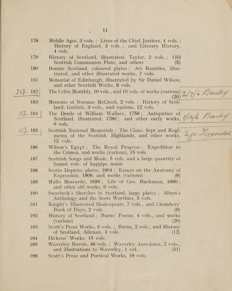  178 L79 180 181 183 ee | 186 187 . 188 189 190 bod 192 193 194 195 196 ‘ 11 Middle Ages, 3 vols. ; Lives of the Chief Justices, 4 vols. ; History of England, 3 vols.; and Literary History, 4 vols. History of Scotland, illustrated, Taylor, 2 vols.; Old Scottish Communion Plate, and others (5) Bonnie Scotland, coloured plates; Art Rambles, tllus- trated, and other illustrated works, 7 vols. Memorial of Edinburgh, illustrated by Sir Daniel Wilson, and other Scottish Works, 8 vols. The Celtic Monthly, 10 vols., and 10 vols. of works (various) (20) land, Guthrie, 3 vols., and various, 12 vols. 6 vols. ments of the Scottish Highlands, and other works, 12 vols. the Crimea, and works (various), 15 vols. Scottish Songs and Music, 5 vols, and a large quantity of bound vols. of bagpipe music Scotio Depicto, plates, 1804; Essays on the Anatomy of Expression, 1806, and works (various) (9) Mullo Moscardo, 1656; Life of Geo. Buchanan, 1690 ; and other old works, 6 vols. Swarbeck’s Sketches in Scotland, large plates ; Albyn’s Anthology and the Scots Worthies, 3 vols. Knight’s Illustrated Shakespeare, 7 vols., and Chambers’ Book of Days, 2 vols. (9) History of Scotland; Burns’ Poems, 4 vols., and works (various) (20) Scott's Prose Works, 6 vols. ; Burns, 2 vols., and History of Scotland, Aikman, 4 vols. (12) Dickens’ Works, 15 vols. Waverley Novels, 48 vols. ; Waverley Anecdotes, 2 vols., Scott’s Prose and Poetical Works, 19 vols.