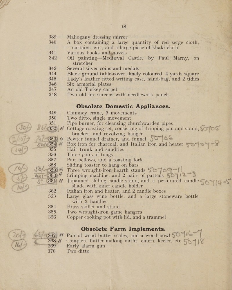  eealarne™   i8 Mahogany dressing mirror i A box containing a large quantity of red serge clos, i. curtains, etc., and a large piece of khaki cloth | : Various books andynovels Medieval Castle, by Paul Marny, on  stretcher Several silver coins and medals Black ground table,cover, finely coloured, 4 yards square Lady’s leather fitted writing case, hand- “bag and 2 tidies Six armorial plates An old Turkey carpet Two old fire-screens with needlework panels Obsolete Domestic Appliances. Chimney crane, 3 movements Two ditto, single movement Pipe burner, for cleansing churchwarden pipes Cottage roasting set, consisting of dripping pan and stand, § OTos bracket, and revolving hanger Pewter funnel drainer, and funnel Sb “TOG : Box iron for charcoal, and Italian iron pee heater $6“ = if oe Hair trunk and sundries et Three pairs of tongs Pair bellows, and a toasting fork Sliding toaster to hang on bars Three wrought-iron hearth stands Sts“7&amp;é a= Crimping machine, and 2 pairs of pattens boven 3 Japanned sliding candle stand, and a perforated candle 4 wef | shade with inner candle holder Bein, Italian iron and heater, and 2 candie boxes Large glass wine bottle, and a large stoneware bottle with 2 handles Brass skillet and stand Two wrought-iron game hangers Copper cooking pot with lid, and a trammel Obsolete Farm Implements. | Ay Pair of wood butter scales, and a wood bowl eo “ul a” | Complete butter-making outfit, churn; \keeler, ‘etc. S46 1% “4 Early alarm gun Two ditto