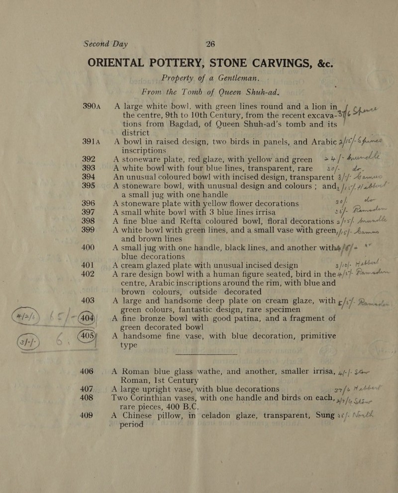 390A Property of a Gentleman. From the Tomb of Queen Shuh-ad. the centre, 9th to 10th Century, from the recent excaainne tions from Bagdad, of Queen Shuh-ad’s tomb and its district A bowl in raised design, two birds in panels, and Arabic afrs/: § fumes inscriptions | ‘ LU A stoneware plate, red glaze, with yellow and green &gt;4/&gt; Arsarrch te A white bowl with four blue lines, transparent, rare a0/- de, An unusual coloured bow! with incised design, transparent 3//° 4am«&lt; A stoneware bowl, with unusual design and colours ; and, ji J. HabbinA” a small jug with one handle rae A stoneware plate with yellow flower decorations ot OF A small white bowl with 3 blue lines irrisa A gas SNe A fine blue and Refta coloured bowl, floral decorations 2/:+/ foranalte A white bowl with green lines, and a small vase with green, Jrs]- Aroma and brown lines A small jug with one handle, black lines, and another withé/é/ = blue decorations . Bigs A cream glazed plate with unusual incised design 3 /ro- Hatten A rare design bow] with a human figure seated, bird in the 4/s/- “~«e~ centre, Arabic inscriptions around the rim, with blue and brown colours, outside decorated A large and handsome deep plate on cream glaze, with r/s7- , a green colours, fantastic design, rare specimen : A fine bronze bowl with good patina, and a fragment of green decorated bowl A handsome fine vase, with blue decoration, primitive type a? A Roman blue glass wathe, and another, smaller irrisa, ,/- [&gt; Shaw Roman, Ist Century A large upright vase, with blue decorations z7[oH ahtond Two Corinthian vases, with one handle and birds on each, ,), I Shim rare pieces, 400 B.C. . A Chinese pillow, in celadon glaze, transparent, Sung ss/. North period