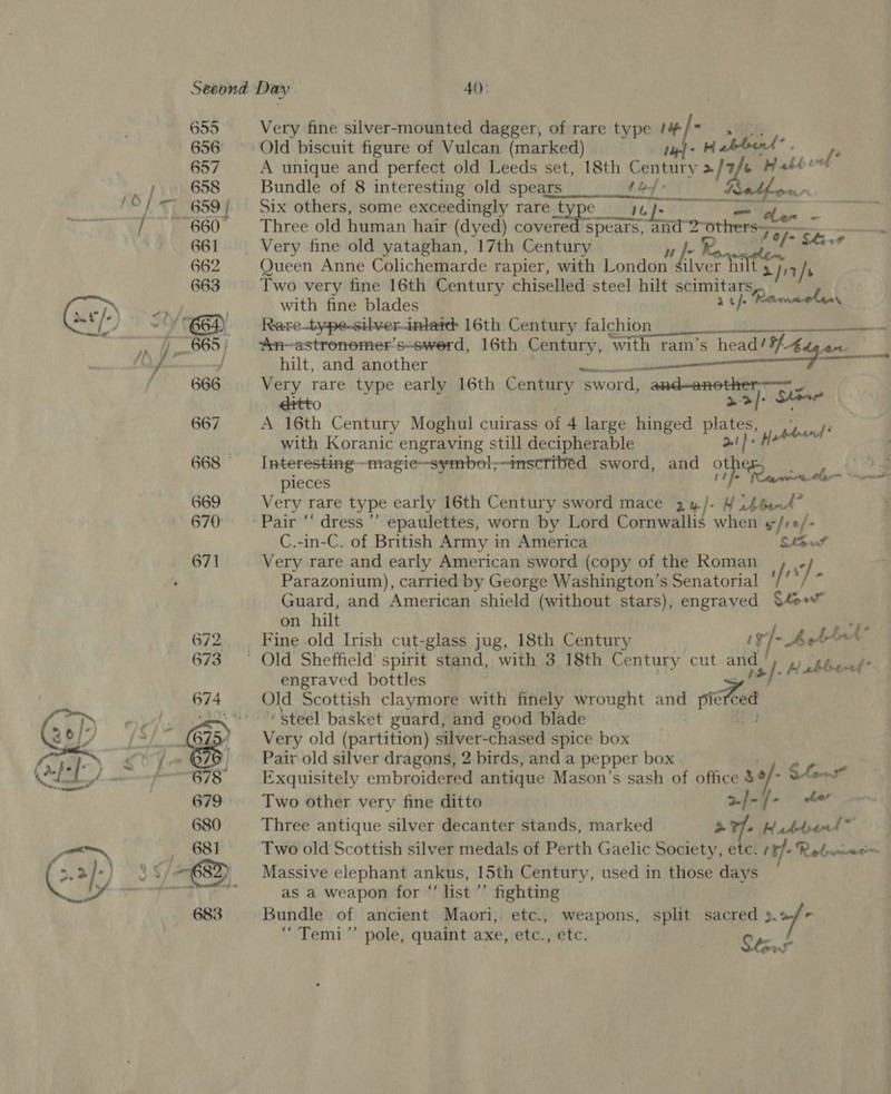 655 656 et / 661 662 663 Very. fine silver-mounted dagger, of rare type if 29% Old biscuit figure of Vulcan (marked) ple H abbot”. pe A unique and perfect old Leeds set, 18th Ganley &gt; f e Habbo Bundle of 8 interesting old spears th} 1 Six others, some exceedingly rare type uj- St de- - Three old human hair (dyed) covered spears, and rothere : tel _ Very fine old yataghan, 17th Century uf. Konwalim [&gt; Saxe Queen Anne Colichemarde rapier, with London $ilv 4 niles pia/ . Two very fine 16th Century chiselled steel hilt scimitar with fine blades it at}. Reaaweelany Raretype-silveriniaré 16th Century falchion pee tS a An-astronemer’s-swerd, 16th Century, with ram’s head/ #4 oun’ 4 hilt, and another Pie cet Very rare type early 16th Century sword, and-enether-— J ‘sg p ¥ y ae |: Shin Retest eengeer rT A 16th Century Moghul cuirass of 4 large hinged ee ee with Koranic engraving still decipherable «Het fond Interesting-—magie~-symbol;—imscribed sword, and o P pieces oh “Weaeeela— Varo Very rare type early 16th Century sword mace 24/- 4 iffent” C.-in-C. of British Army in America Sus Very rare and early American sword (copy of the Koman ‘]. Parazonium), carried by George Washington's Senatorial / ; Guard, and American shield (without stars), engraved Slee on hilt eT Fine .old Irish cut-glass jug, 18th Century 'F/- ~ Lett os ‘steel basket guard, and good blade Very old (partition) silver-chased spice box Pair old silver dragons, 2 birds, and a pepper box 3 Exquisitely embroidered antique Mason’s sash of office 3o/- Sfons” Two other very fine ditto 2./- [- ober Three antique silver decanter stands, marked &gt; *- Hubbent ~ Two old Scottish silver medals of Perth Gaelic Society, etc. (ff Redwiwc Massive elephant ankus, 15th Century, used in those days as a weapon for “ list ’’ fighting Bundle of ancient Maori, etc., weapons, split sacred af r “Temi ”’ pole, quaint axe, etc., etc. Ses z