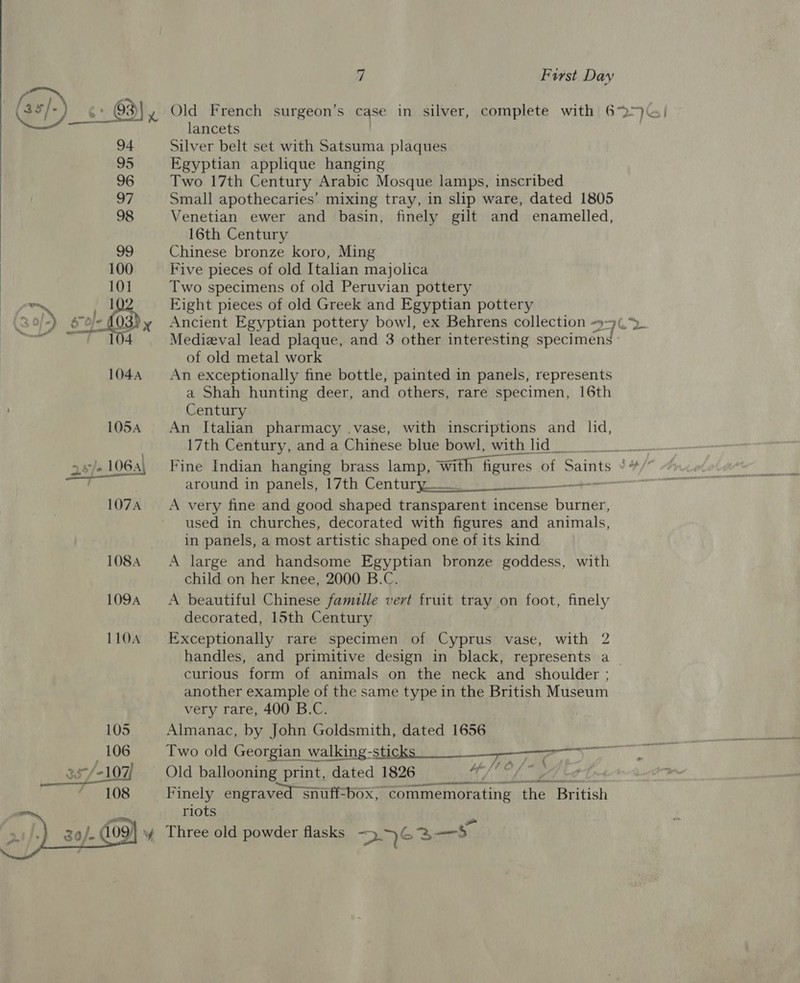  94 95 96 97 98  lancets Silver belt set with Satsuma plaques Egyptian applique hanging Two 17th Century Arabic Mosque lamps, inscribed Small apothecaries’ mixing tray, in slip ware, dated 1805 Venetian ewer and basin, finely gilt and enamelled, 16th Century Chinese bronze koro, Ming Five pieces of old Italian majolica Two specimens of old Peruvian pottery Eight pieces of old Greek and Egyptian pottery of old metal work An exceptionally fine bottle, painted in panels, represents a Shah hunting deer, and others, rare specimen, 16th Century An Italian pharmacy .vase, with inscriptions and _ lid, 17th Century, and a Chinese blue bowl, with hd __ around in panels, 17th Century. A very fine and good shaped an paneut incense Pecrien used in churches, decorated with figures and animals, in panels, a most artistic shaped one of its kind A large and handsome Egyptian bronze goddess, with child on her knee, 2000 B.C. A beautiful Chinese famille vert fruit tray on foot, finely decorated, 15th Century Exceptionally rare specimen of Cyprus vase, with 2  curlous form of animals on the neck and shoulder ; another example of the same type in the British Museum very rare, 400 B.C. Almanac, by John Goldsmith, dated 1656 Two old Georgian walking- sticks _____—&gt;———- Old ballooning print, dated 1826 oF ae MO RATE Finely engraved sn snuff-box, ‘Commemorating ae ‘British riots 