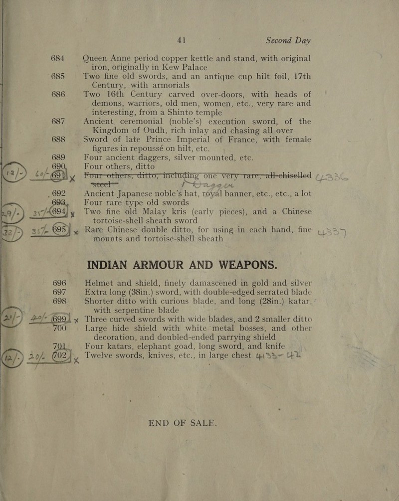  Queen Anne period copper kettle and stand, with original iron, originally in Kew Palace Two fine old swords, and an antique cup hilt foil, 17th Century, with armorials Two 16th Century carved over-doors, with heads of demons, warriors, old men, women, etc., very rare and interesting, from a Shinto temple Ancient ceremonial (noble’s) execution sword, of the Kingdom of Oudh, rich inlay and chasing all over Sword of late Prince Imperial of France, with female figures in repoussé on hilt, etc. Four ancient daggers, silver mounted, etc. Four others, ditto tect CL et, Ancient Japanese noble’s fee Al banner, etc., etc., a lot Four rare type old swords Two fine old Malay kris (early pieces), and a Chinese tortoise-shell sheath sword Rare Chinese double ditto, for using in each hand, fine mounts and tortoise-shell sheath INDIAN ARMOUR AND WEAPONS. Helmet and shield, finely damascened in gold and silver Extra long (38in.) sword, with double-edged serrated blade Shorter ditto with curious blade, and long (28in.) katar, with serpentine blade Three curved swords with wide bide and 2 smaller ditto Large hide shield with white ‘metal bosses, and other decoration, and doubled-ended parrying shield Four katars, elephant goad, long sword, and knife Twelve swords, knives, etc., in later chest el sa~ De END OF SALE.