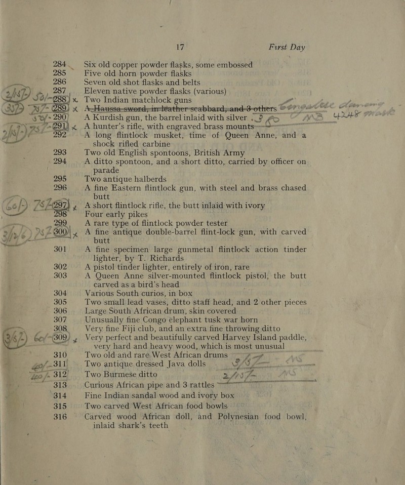 Six old copper powder flasks, some embossed Five old horn powder flasks Seven old shot flasks and belts Eleven native powder flasks (various) Two Indian matchlock guns YM . te sa) Si heomcceer sence: SOE &amp; o? A Kurdish gun, the barrel inlaid with silver oe £2. -¥ A hunter’s rifle, with engraved brass mounts A long flintlock musket, time of Queen Anne, aus a shock rifled carbine Two old English spontoons, British Army A ditto spontoon, and a short ditto, carried by officer on parade Two antique halberds A fine Eastern flintlock gun, with steel and brass chased butt A short flintlock rifle, the butt inlaid with ivory Four early pikes A rare type of flintlock powder tester A fine antique double-barrel flint-lock gun, with carved butt A fine specimen large gunmetal flintlock action tinder lighter, by T. Richards A pistol tinder lighter, entirely of iron, rare A Queen Anne silver-mounted flintlock pistol, the butt carved as a bird’s head Various South curios, in box Two small lead vases, ditto staff head, and 2 other pieces Large South African drum, skin covered Unusually fine Congo elephant tusk war horn Very fine Fiji club, and an extra fine throwing ditto Very perfect and beautifully carved Harvey Island paddle, very hard and heavy wood, which is most unusual  Cl Two old:and rare, West African drums  y # Two antique dressed Java dolls _ Wy AS fm. Two Burmese ditto &gt; /? . aon Curious African pipe and 3 rattles Fine Indian sandal wood and ivory box Two carved West African food bowls Carved wood African doll, and Polynesian food bowl, inlaid shark’s teeth