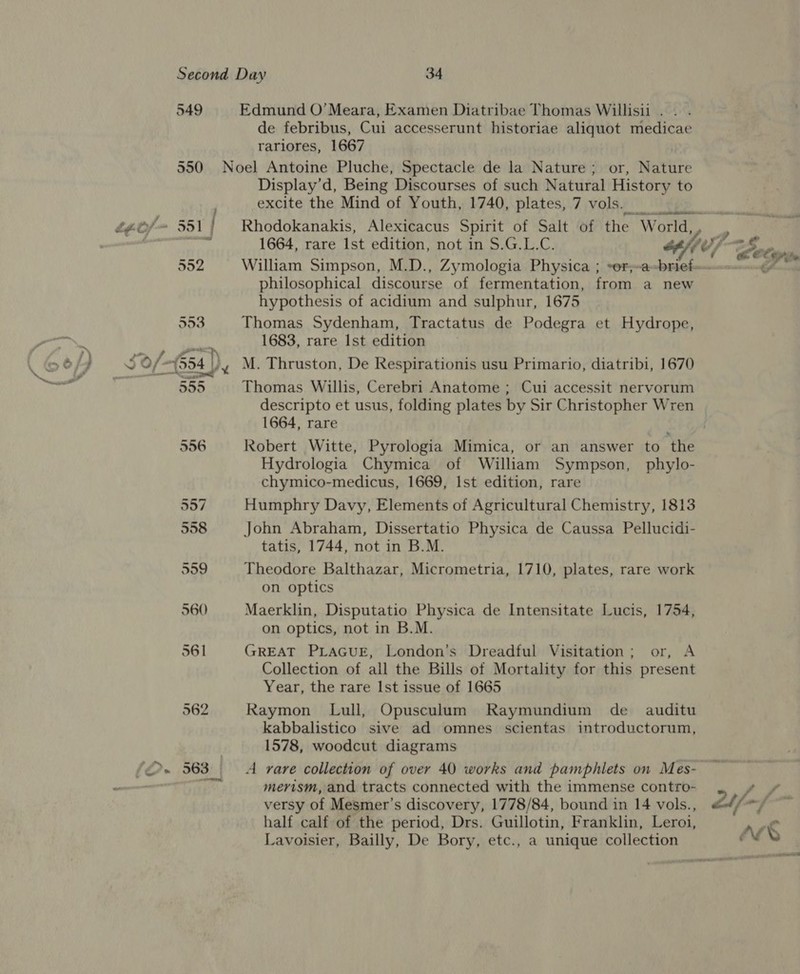 549 Edmund O'Meara, Examen Diatribae Thomas Willisii . de febribus, Cui accesserunt historiae aliquot medicae rariores, 1667 L¢Of~&gt; 591 | 552 ” on 4%. yy 555 Display’d, Being Discourses of such Natural History to excite the Mind of Youth, 1740, plates, 7 vols. Rhodokanakis, Alexicacus Spirit of Salt of the World, antisae William Simpson, M.D., Zymologia Physica ; »er,;-a~brief philosophical discourse of fermentation, from a new hypothesis of acidium and sulphur, 1675 Thomas Sydenham, Tractatus de Podegra et Hydrope, 1683, rare Ist edition M. Thruston, De Respirationis usu Primario, diatribi, 1670 Thomas Willis, Cerebri Anatome ; Cui accessit nervorum descripto et usus, folding plates by Sir Christopher Wren 1664, rare 2 Robert Witte, Pyrologia Mimica, or an answer to the Hydrologia Chymica of William Sympson, phylo- chymico-medicus, 1669, Ist edition, rare Humphry Davy, Elements of Agricultural Chemistry, 1813 John Abraham, Dissertatio Physica de Caussa Pellucidi- tatis, 1744, not in B.M. Theodore Balthazar, Micrometria, 1710, plates, rare work on optics Maerklin, Disputatio Physica de Intensitate Lucis, 1754, on optics, not in B.M. GREAT PLAGUE, London’s Dreadful Visitation; or, A Collection of all the Bills of Mortality for this present Year, the rare Ist issue of 1665 Raymon Lull, Opusculum Raymundium de auditu kabbalistico sive ad omnes scientas introductorum, 1578, woodcut diagrams i_¢ ¢ Sel Fy Powe mervism, and tracts connected with the immense contro- versy of Mesmer’s discovery, 1778/84, bound in 14 vols., half calf of the period, Drs. Guillotin, Franklin, Leroi, Lavoisier, Bailly, De Bory, etc., a unique collection ll a 7 , ao Ff J