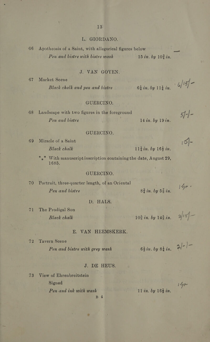 67 68 69 70 71 73 13 L. GIORDANO. Pen and bistre with bistre wash 15 in. by 10%in. J: VAN GOYEN. Market Scene Black chalk and pen and bistre 64 in. by 114 in. GUERCINO. Landscape with two figures in the foreground Pen and bistre 14 in. by 197tn. GUERCINO. Miracle of a Saint Black chalk Ll4+in. by 164 in. *,* With manuscriptinscription containing the date, August 29, 1685. GUERCINO. Portrait, three-quarter length, of an Oriental Pen and bistre Sin. by 5k in. D. HALS. The Prodigal Son Black chalk 102 in. by 142 in. EK. VAN HEEMSKERK. ‘Tavern Scene Pen and bistre with grey wash 64in. by 8tin, J. DE HEUS. View of Ehrenbreitstein Signed Pen and ink with wash B 4 Ll in. by 163 in.