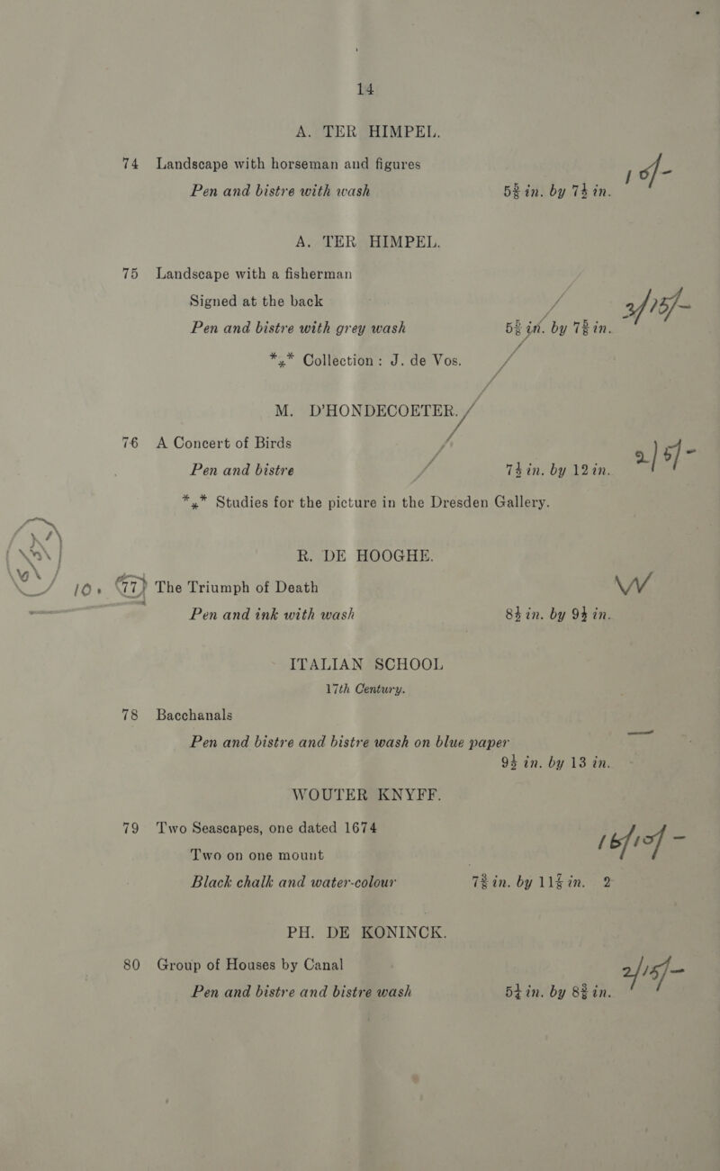 A. TER HIMPEL. 74 Landscape with horseman and figures j of- Pen and bistre with wash Bein. by Thin. A. TER HIMPEL. 75 Landscape with a fisherman Signed at the back Pen and bistre with grey wash bE in. by TRin. / *.* Collection: J. de Vos. M. a 76 A Concert of Birds fA , / | a= Pen and bistre / Td in. by 12 in. *,* Studies for the picture in the Dresden Gallery. R. DE HOOGHE. 10&gt; Gi) The Triumph of Death \VV ; Pen and ink with wash 84 in. by 94 in. ITALIAN SCHOOL 17th Century. 78 Bacchanals Pen and bistre and bistre wash on blue paper 94 in. by 13 in. WOUTER KNYFF. 79 Two Seascapes, one dated 1674 (bf1of Bn Two on one mount Black chalk and water-colour T2in. by 1llgin. 2 PH. DE KONINCK. 80 Group of Houses by Canal | 2/15]-