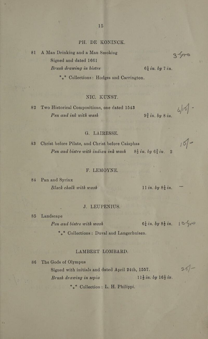PH. DE KONINCK. 81 A Man Drinking and a Man Smoking aGre Signed and dated 1661 Brush drawing in bistre 64 in. by Tin. *.* Collections: Hodges and Carrington. NIC. KUNST. 82 Two Historical Compositions, one dated 1543 Al | * Pen and ink with wash 92 in. by Bin. G. LAIRESSE. 83 Christ before Pilate, and Christ before Caiaphas j | - Pen and bistre with indian ink wash Shin. by 6fin. 2 F. LEMOYNE. 84 Pan and Syrinx Black chalk with wash llin. by 8iin. J. LEUPENIUS. 85 Landscape Pen and bistre with wash 6tin. by 8$in. } ote *.* Collections: Duval and Langerhuisen. LAMBERT LOMBARD. 86 The Gods of Olympus Signed with initials and dated April 24th, 1557. 2 5/ a Brush drawing in sepia 114 in. by 164 in. *,.* Collection: L. H. Philippi.