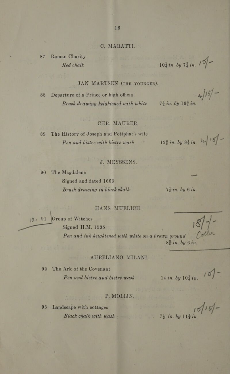 87 88 89 90 16 C. MARATTI. Roman Charity Red chalk 10d in. by 7H in. /Of- JAN MARTSEN (THE YOUNGER). 4 Departure of a Prince or high official ! u/! 4 at Brush drawing heightened with white Ti in. by 16% in. CHR. MAURER. The History of Joseph and Potiphar’s wife ; : ; : : : — Pen and bistre with bistre wash 122 in. by 84in. | 5] J. MEYSSENS. The Magdalene Signed and dated 1663 Brush drawing in black chalk T&amp;in. by 6 in, HANS MUELICH.  Pen and ink heightened with white on a brown ground [ (hr 82 in. by Gin.  ————— AURELIANO MILANI. 92 The Ark of the Covenant 5) Pen and bistre and bistre wash 14 in. by 10% in. J P. MOLIJN. | 93 Latidscape with cottages | ! ? x