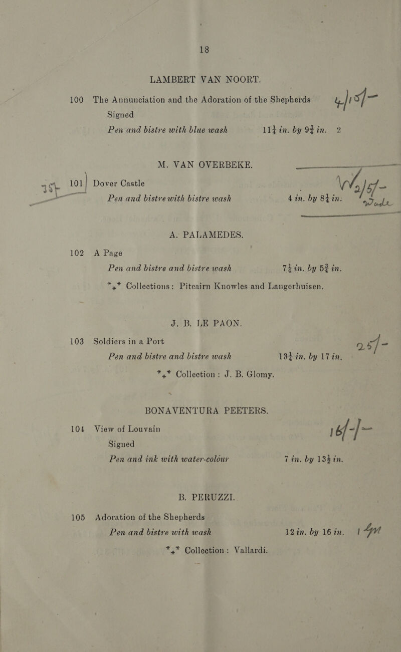 « ad | 100 ‘ 101) 102 103 104 105 18 LAMBERT VAN NOORT. The Annunciation and the Adoration of the Shepherds uf sf/- Signed Pen and bistre with blue wash Lldin. by 9$in. 2 M. VAN OVERBEKE. Pen and bistre with bistre wash 4in. by 84 in. ls:  A. PALAMEDES. A Page Pen and bistre and bistre wash Tiin. by 5% in. *,* Collections: Pitcairn Knowles and Langerhuisen. J. B. LE PAON. Soldiers in a Port D s]- Pen and bistre and bistre wash 134 in. by 17 in, *,* Collection: J. B. Glomy. BONAVENTURA PEETERS. View of Louvain \6/-/~ Signed Pen and ink with water-colour Tin. by 184in. B. PERUZZI. Adoration of the Shepherds Pen and bistre with wash 12in. by 16in. 1 4 *.* Collection: Vallardi: