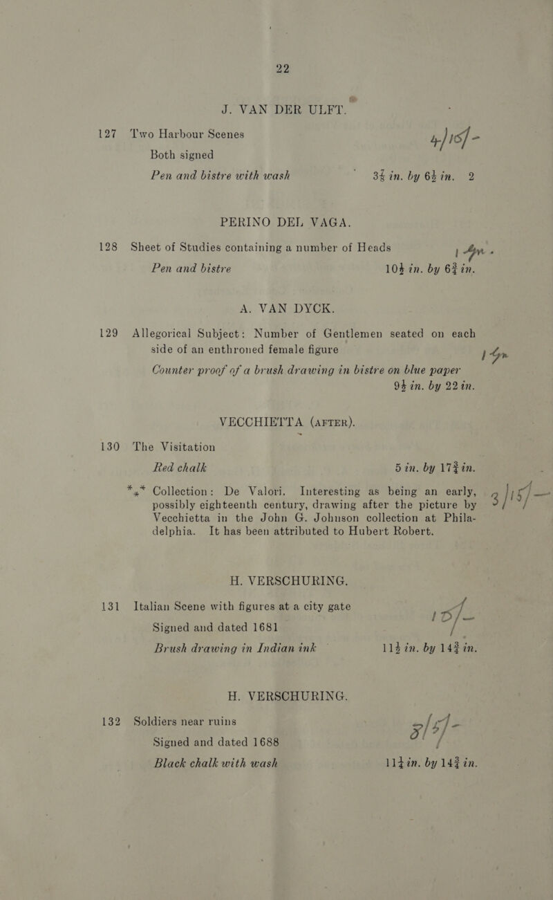 J. VAN DER ULFT. Both signed PERINO DEL VAGA. 128 Sheet of Studies containing a number of Heads } A. VAN DYCK. side of an enthroned female figure Counter proof of a brush drawing in bistre on blue paper 94 in. by 22in. VECCHIETTA (AFTER). 130 The Visitation Wes |S *,* Collection: De Valori. Interesting as being an early, possibly eighteenth century, drawing after the picture by Vecchietta in the John G. Johnson collection at Phila- delphia. It has been attributed to Hubert Robert. H. VERSCHURING. 131 Italian Scene with figures at a city gate Signed and dated 1681 10] Brush drawing in Indian ink — L14 in. by 14% in. H. VERSCHURING. 132 Soldiers near ruins Signed and dated 1688 ae 3/I8]—