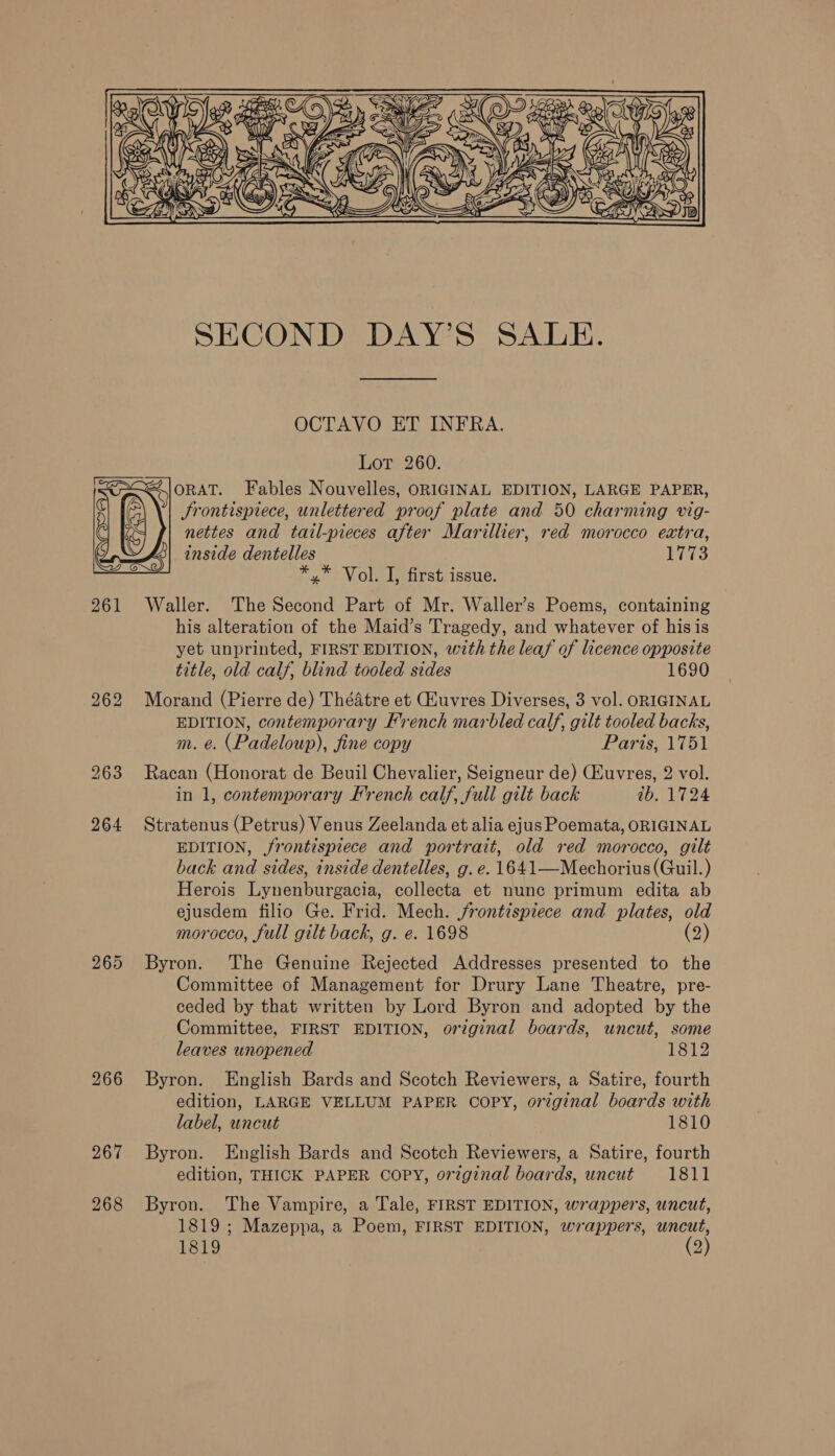    261 265 266 267 268    SECOND DAY’S SALE. OCTAVO ET INFRA. Lot 260. ORAT. Fables Nouvelles, ORIGINAL EDITION, LARGE PAPER, Jrontispiece, unlettered proof plate and 50 charming vig- nettes and tail-pieces after Marillier, red morocco extra, inside dentelles 1773 ¥,* Vol. I, first issue. Waller. The Second Part of Mr. Waller’s Poems, containing his alteration of the Maid’s Tragedy, and whatever of hisis yet unprinted, FIRST EDITION, with the leaf of licence opposite title, old calf, blind tooled sides 1690 Morand (Pierre de) ThéAtre et (Auvres Diverses, 3 vol. ORIGINAL EDITION, contemporary French marbled calf, gilt tooled backs, m. e. (Padeloup), fine copy Paris, 1751 Racan (Honorat de Beuil Chevalier, Seigneur de) CEuvres, 2 vol. in 1, contemporary French calf, full gilt back ab. 1724 Stratenus (Petrus) Venus Zeelanda et alia ejus Poemata, ORIGINAL EDITION, frontispiece and portrait, old red morocco, gilt back and sides, inside dentelles, g. e. 1641—Mechorius (Guil.) Herois Lynenburgacia, collecta et nune primum edita ab ejusdem filio Ge. Frid. Mech. j/rontispiece and plates, old morocco, full gilt back, g. e. 1698 (2) Byron. The Genuine Rejected Addresses presented to the Committee of Management for Drury Lane Theatre, pre- ceded by that written by Lord Byron and adopted by the Committee, FIRST EDITION, original boards, uncut, some leaves unopened 1812 Byron. English Bards and Scotch Reviewers, a Satire, fourth edition, LARGE VELLUM PAPER COPY, original boards with label, uncut 1810 Byron. English Bards and Scotch Reviewers, a Satire, fourth edition, THICK PAPER COPY, original boards, uncut 1811 Byron. The Vampire, a Tale, FIRST EDITION, wrappers, uncut, 1819 ; Mazeppa, a Poem, FIRST EDITION, wrappers, uncut,