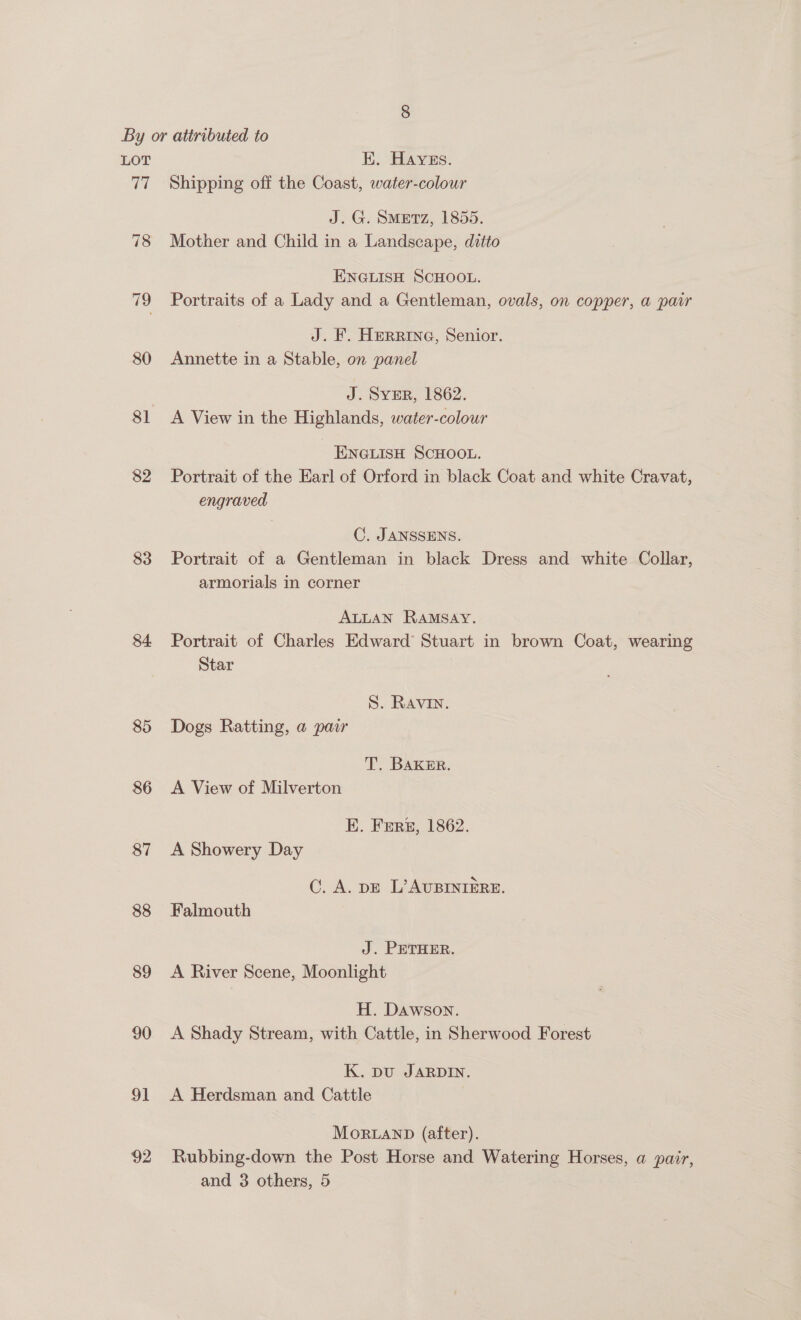 LOT 77 78 80 $l 32 83 84 85 86 87 88 89 90 91 92 K. Hayss. Shipping off the Coast, water-colour J. G. SMETz, 1855. Mother and Child in a Landscape, ditto ENGLISH SCHOOL. Portraits of a Lady and a Gentleman, ovals, on copper, a pawr J. F. Herrine, Senior. Annette in a Stable, on panel J. SypR, 1862. A View in the Highlands, water-colour ENGLISH SCHOOL. Portrait of the Earl of Orford in black Coat and white Cravat, engraved C. JANSSENS. Portrait of a Gentleman in black Dress and white Collar, armorials in corner ALLAN RAMSAY. Portrait of Charles Edward Stuart in brown Coat, wearing Star S. RAVIN. Dogs Ratting, a pair T. BAKER. A View of Milverton E. Frere, 1862. A Showery Day C. A. pE L’AUBINIERE. Falmouth J. PETHER. A River Scene, Moonlight H. Dawson. A Shady Stream, with Cattle, in Sherwood Forest K. pu JARDIN. A Herdsman and Cattle MORLAND (after). Rubbing-down the Post Horse and Watering Horses, a pair, and 3 others, 5