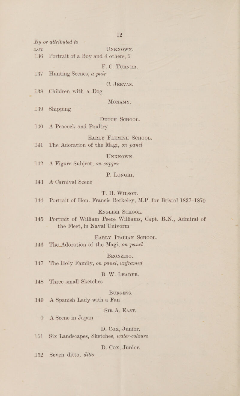 LOT 136 137 140 143 144 145 146 147 148 149 0 UNKNOWN. Portrait of a Boy and 4 others, 5 F. C. TURNER. Hunting Scenes, a pair C. JERVAS. Children with a Dog Monamy. Shipping DutTcH SCHOOL. A Peacock and Poultry EARLY FLEMISH SCHOOL. The Adoration of the Magi, on panel UNKNOWN. A Figure Subject, on copper P. LONGHI. A Carnival Scene T. H. WItson. Portrait of Hon. Francis Berkeley, M.P. for Bristol 1837-1870 ENGLISH SCHOOL. Portrait of William Peere Williams, Capt. R.N., Admiral of the Fleet, in Naval Univorm EARLY ITALIAN SCHOOL. The Adoration of the Magi, on panel - BRONZINO. The Holy Family, on panel, unframed B. W. LEADER. Three small Sketches BURGESS. A Spanish Lady with a Fan Sir A. Hast. A Scene in Japan D. Cox, Junior. Six Landscapes, Sketches, water-colowrs D. Cox, Junior. Seven ditto, ditto