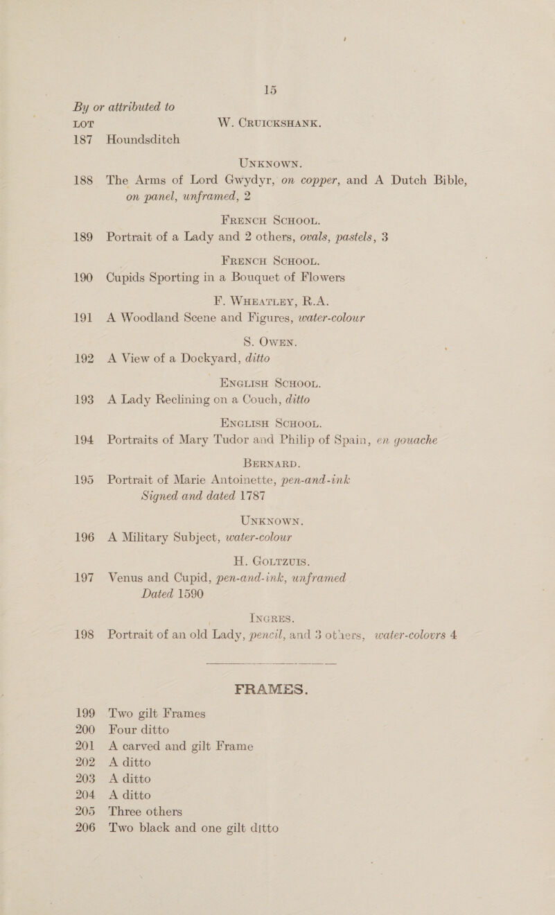 By or attributed to LOT W. CRUICKSHANK. 187 Houndsditch UNKNOWN. 188 The Arms of Lord Gwydyr, on copper, and A Dutch Bible, on panel, unframed, 2 FRENCH SCHOOL. 189 Portrait of a Lady and 2 others, ovals, pastels, 3 FRENCH SCHOOL. 190 Cupids Sporting in a Bouquet of Flowers F. WHEATLEY, R.A. 191 A Woodland Scene and Figures, water-colowr S. Ownn. 192 A View of a Dockyard, ditto - Evyeuisn Scsoor. 193 A Lady Reclining on a Couch, ditto ENGLISH SCHOOL. 194 Portraits of Mary Tudor and Philip of Spain, en gouache BERNARD. 195 Portrait of Marie Antoinette, pen-and-ink Signed and dated 1787 UNKNOWN. 196 A Military Subject, water-colour H. GOLTzvis. 197 Venus and Cupid, pen-and-ink, unframed Dated 1590 INGRES. 198 Portrait of an old Lady, pencil, and 3 others, water-colovrs 4  FRAMES. 199 Two gilt Frames 200 Four ditto 201 &lt;A carved and gilt Frame 202 A ditto 203 A ditto 204 &lt;A ditto 205 Three others 206 Two black and one gilt ditto
