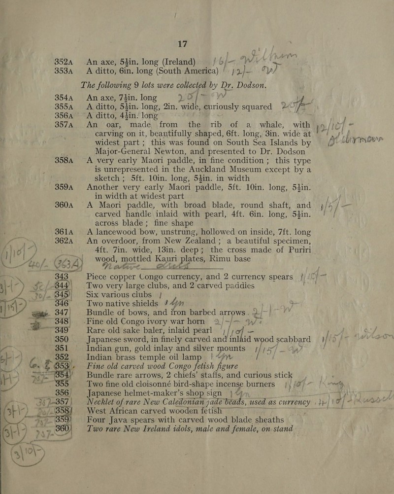352A An axe, 54in. long (Ireland) Vol Ww) Tm 353A A ditto, Gin: long (South America) / hays Pyp/ The following 9 lots were collected by I. Dodson. 3544 An axe, 7hin. long tira Y a 3554 A ditto, 54in. long, 2in. wide, curiously squared 2 he 356A =A ditto, Adin. long re 357A An oar, made, from the rib of a whale, with 9 /)37 ~ carving on it, beautifully shaped, 6ft. long, 3in. wide at '/ . ) ay pe widest part; this was found on South Sea Islands by =) “yO Major-General Newton, and presented to Dr. Dodson 358A A very early Maori paddle, in fine condition ; this type is unrepresented in the Auckland Museum except by a i sketch ; 5ft. 10in. long, 54in. in width 359A Another very early Maori paddle, Sft. 10in. long, 54in. in width at widest part 13 360A A Maori paddle, with broad blade, round shaft, and };/4 /-— carved handle inlaid with pearl, 4ft. Gin. long, 5hin. / / across blade ; fine shape A lancewood bow, unstrung, hollowed on inside, 7ft. long An overdoor, from New Zealand; a beautiful specimen, 4ft. 7in. wide, 13in. deep; the cross made of Puriri_ wood, mottled k peg a ie Rimu base boven 22: Piece copper cone currency, and 2 currency spears /)/-/~ Two very large clubs, and 2 eect paddies Bo Six various clubs / Two native shields #4» Bundle of bows, and iron barbed arrows . -Fine old Congo ivory war horn 2. ~/= Ny é Rare old sake baler, inlaid pearl (of — ifs! Japanese sword, in finely carved ane pa id ihe) scabbard is he ed  Indian gun, gold inlay and silver mounts ; Indian brass temple oil lamp a Fine old carved wood Congo fetish figure Bundle rare arrows, 2 chiefs’ staffs, and curious stick Two fine old cloisonné bird-shape incense burners |; , Tp i.e Japanese helmet-maker’s shop sign } &lt;4 ap ¥# Necklet of rare New Caledonian jade beads, used as currency »}p)!F)&lt;\~ vines West African carved wooden fetish ~~ Aaa | Four Java spears with carved wood blade anedths Two rare New Ireland idols, male and female, on stand - 47 _ iF } 